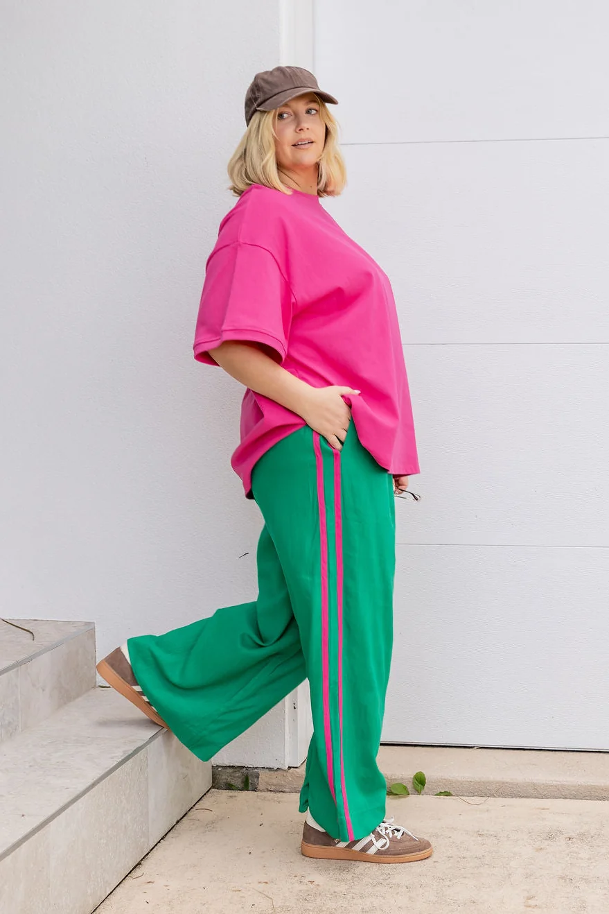 Side Stripe Linen Blend Pants in Green/Pink