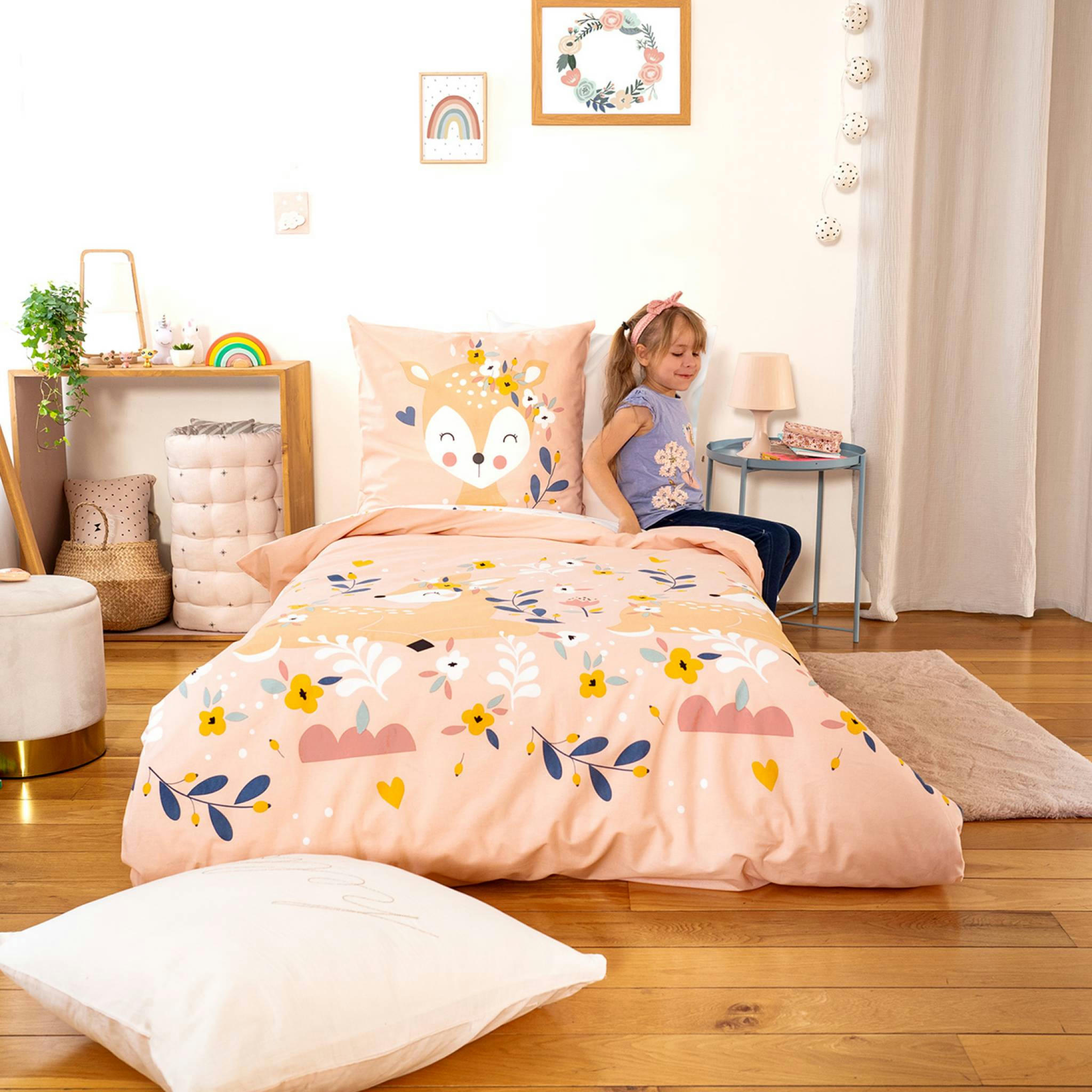 SERENA - Parure de lit réversible imprimé biche en coton adouci 140x20cm