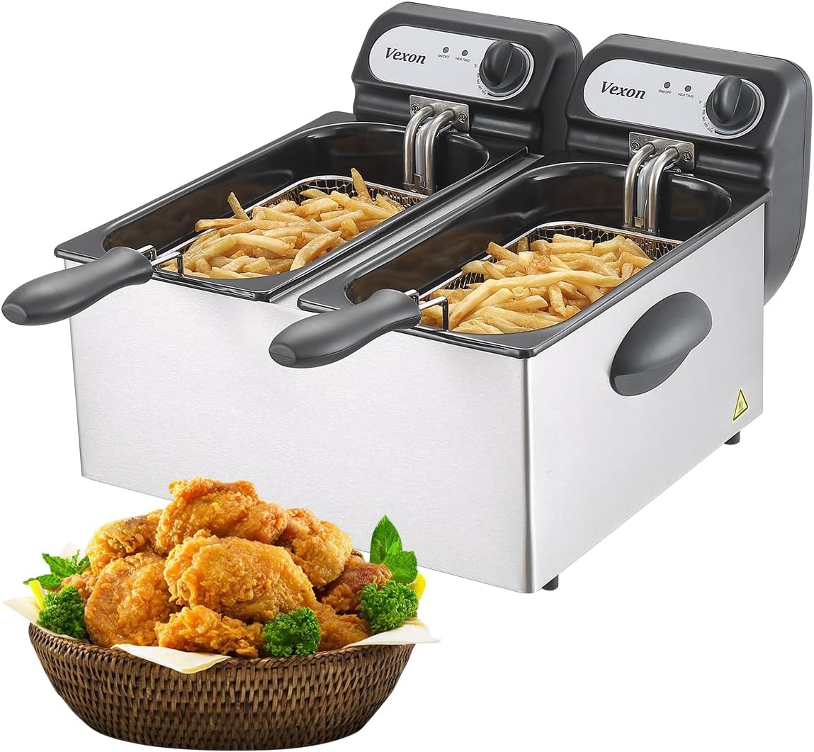 3000W Commercial Electric Deep Fryer With Baskets  Lids,2x3L Stainless Steel Double Deep Fryer,Small Deep Fryer With Basket,Temperature Control,Overheat Protection