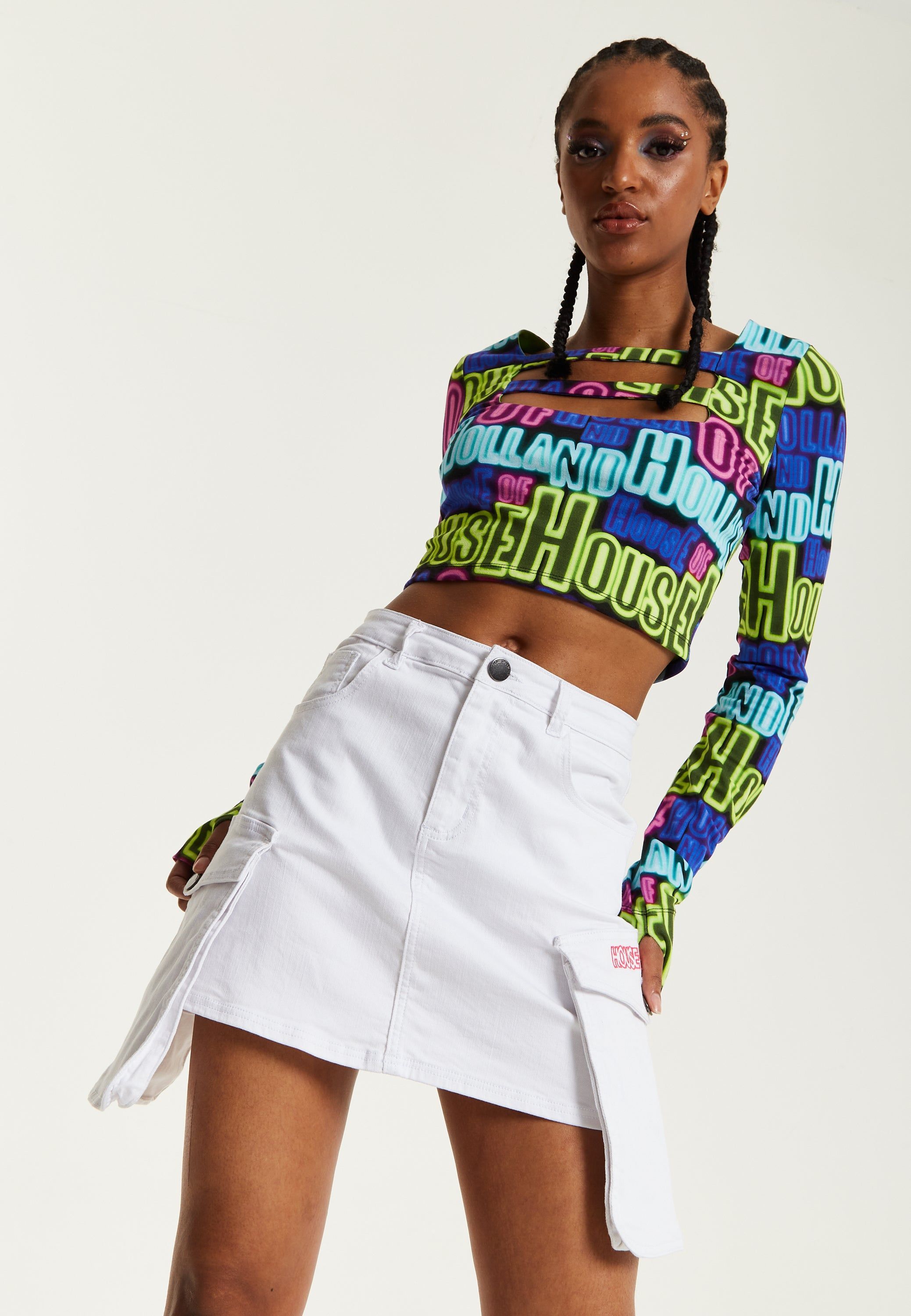 House of Holland Cargo Pocket Denim Mini Skirt In White
