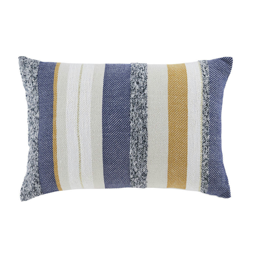 PELAGIE - Coussin à rayures bleues, jaune moutarde et écrues 40x60