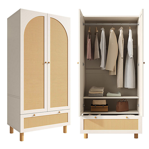 Armoire penderie 2 portes,180x85x52cm,blanc style cottage,tiroir,étagères réglables,tringle,anti-basculement