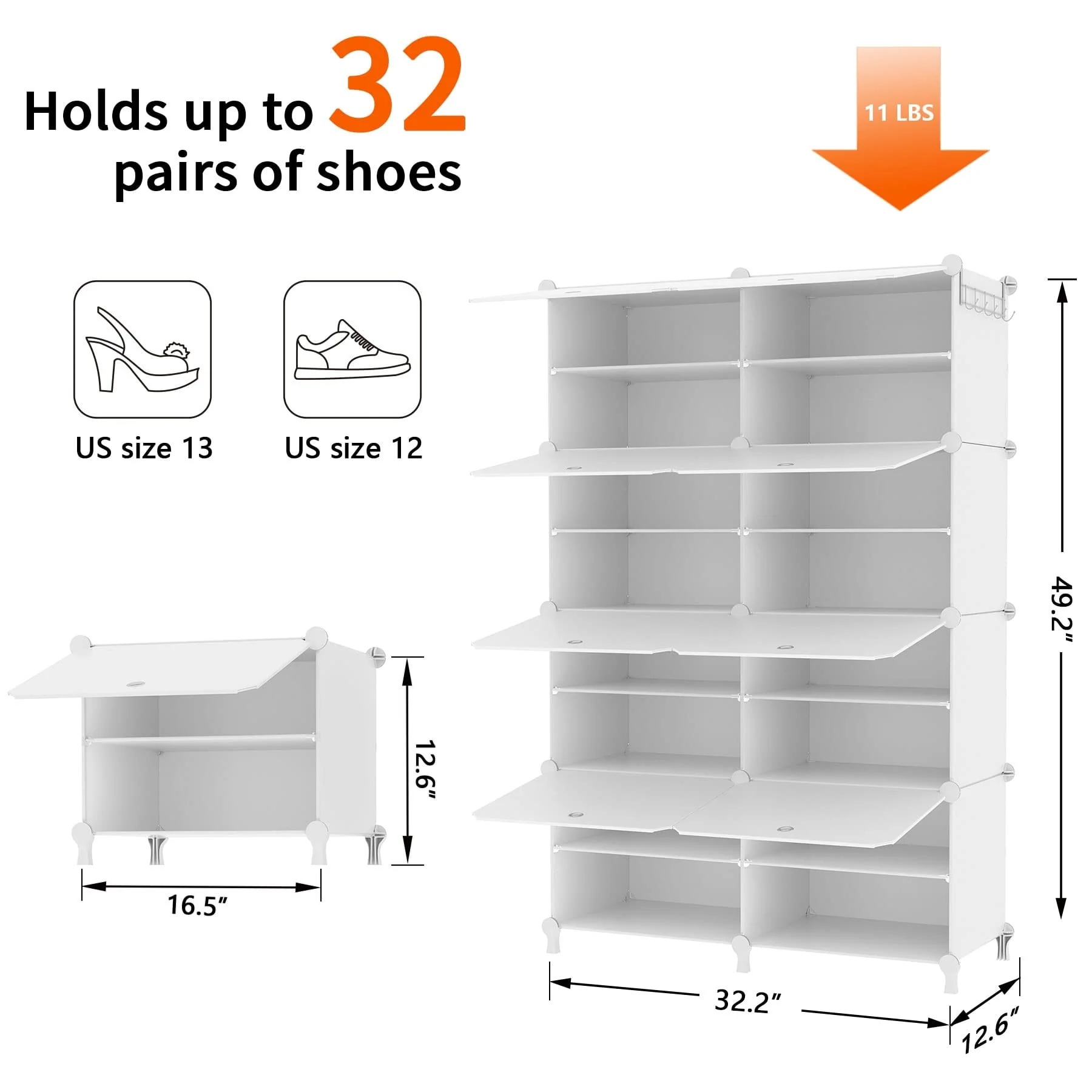 Shoe Rack, 8 Tier Shoe Storage Cabinet with Door, 32 Pair Shoe Organizer Shelves for Closet Hallway Bedroom Entryway, White