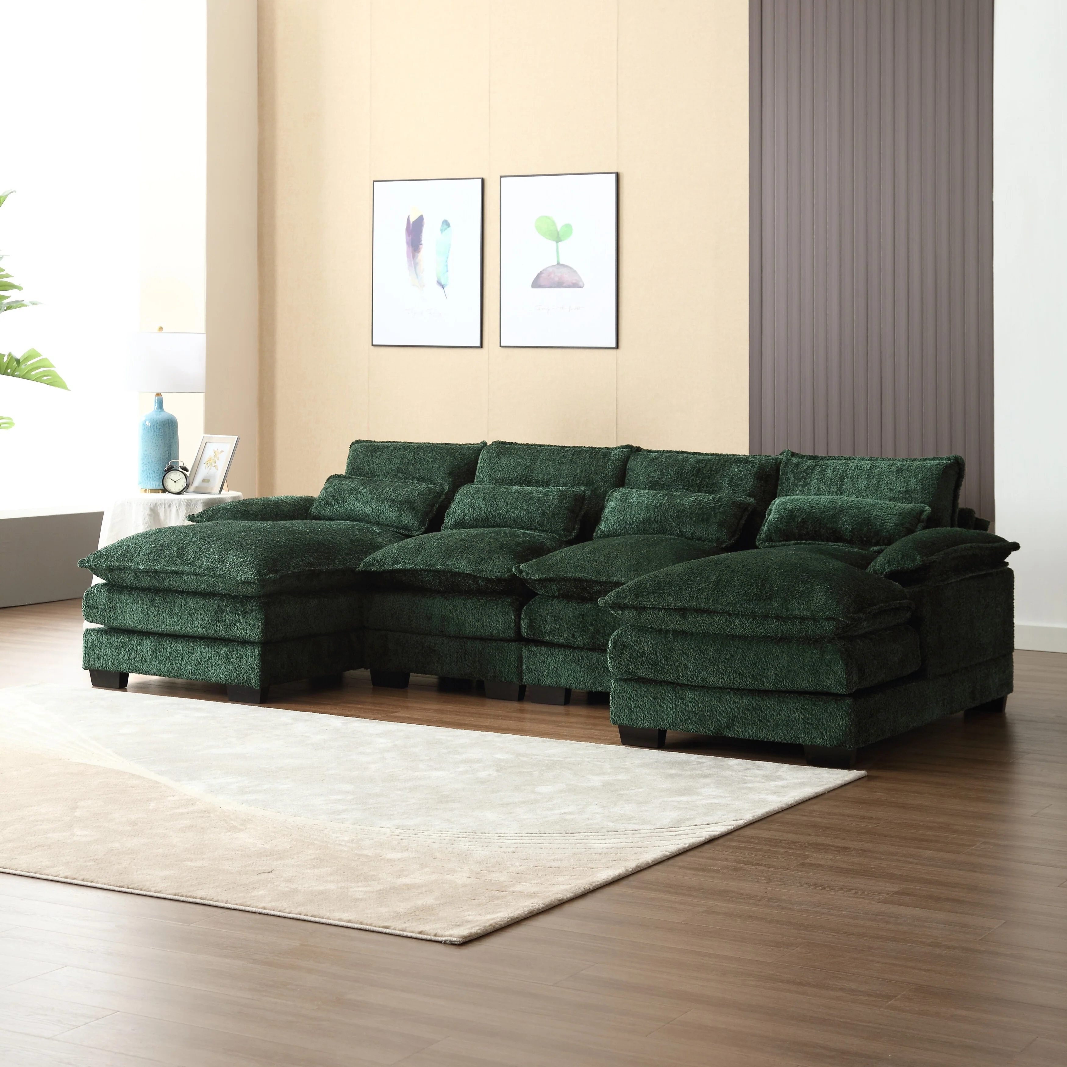 Modern U Shaped Modular Sectional Sofa with Chenille Upholstery and Ottomans and Reversible Layout for Living Room or Guest Room