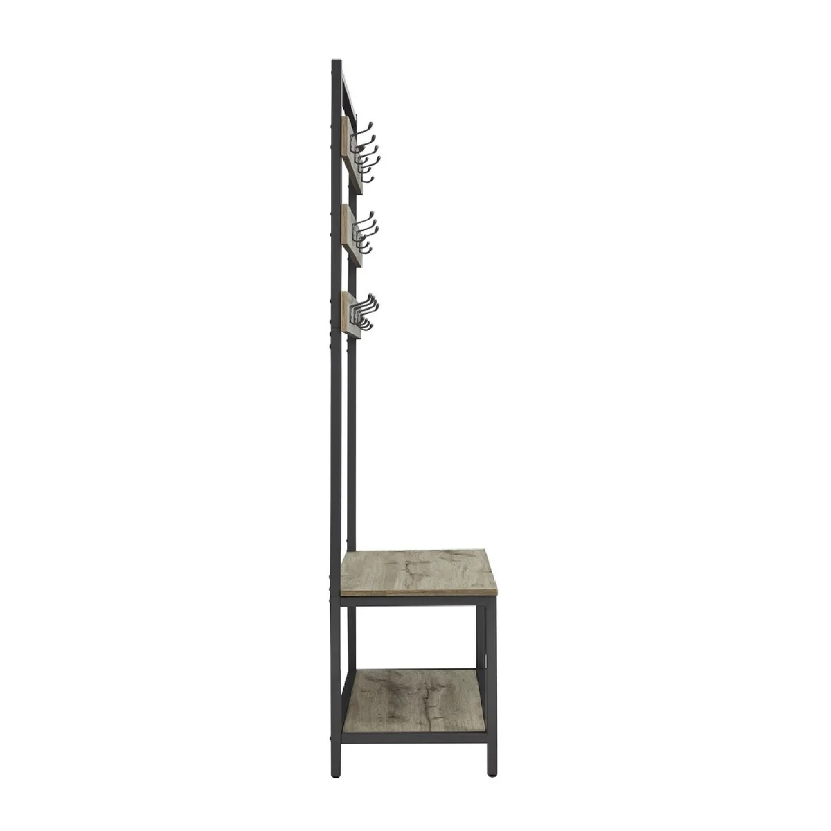 Hall Tree with Metal Frame and Hooks, Gray and Brown