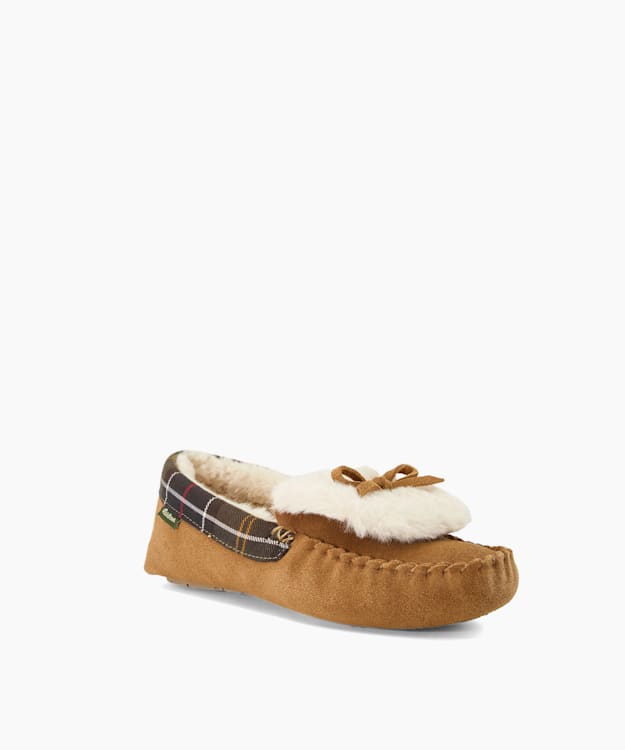 Darcie1 Tan - Tartan-Trim Suede Slippers