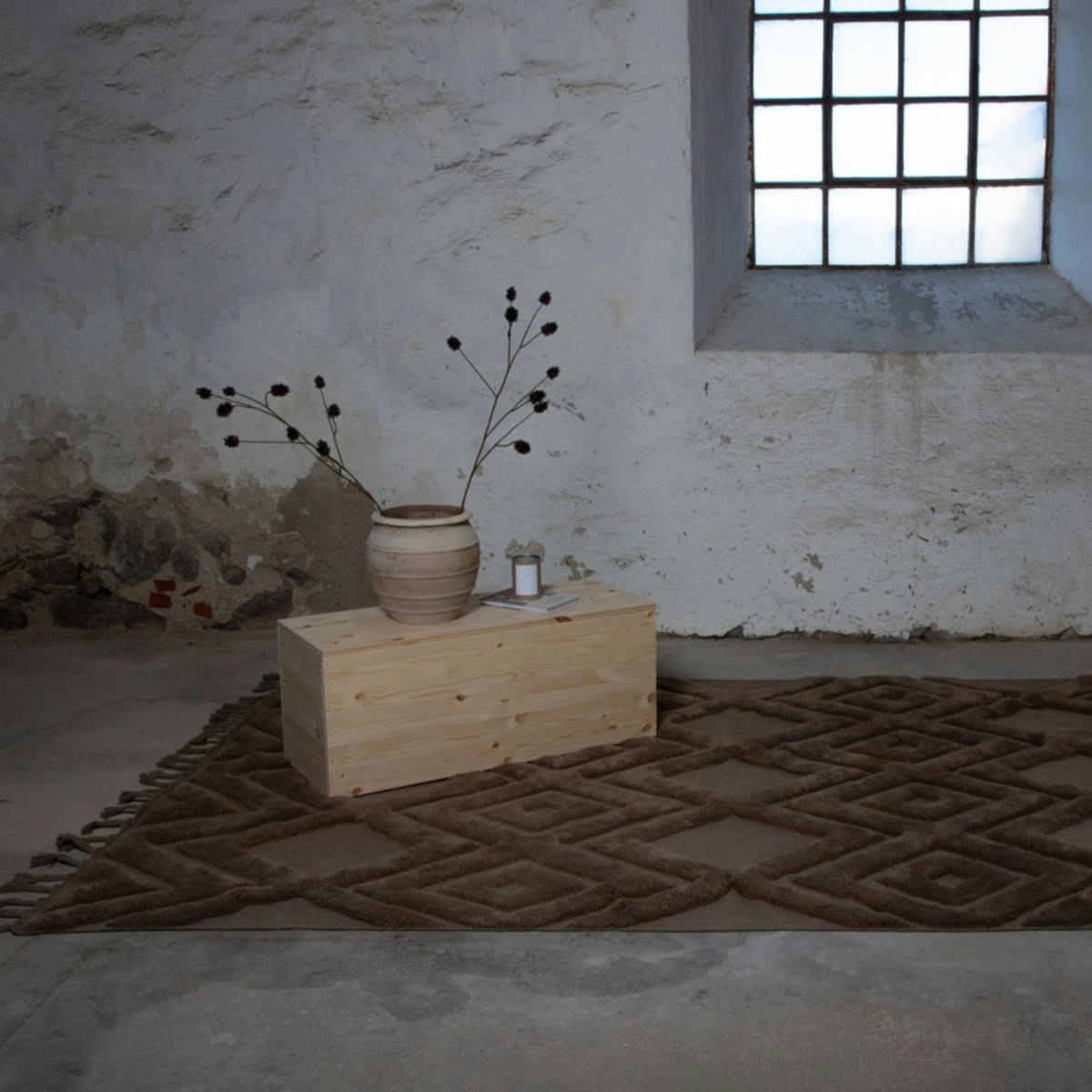 OTHMAN - Tapis rectangulaire marron style bohème en laine 300cm