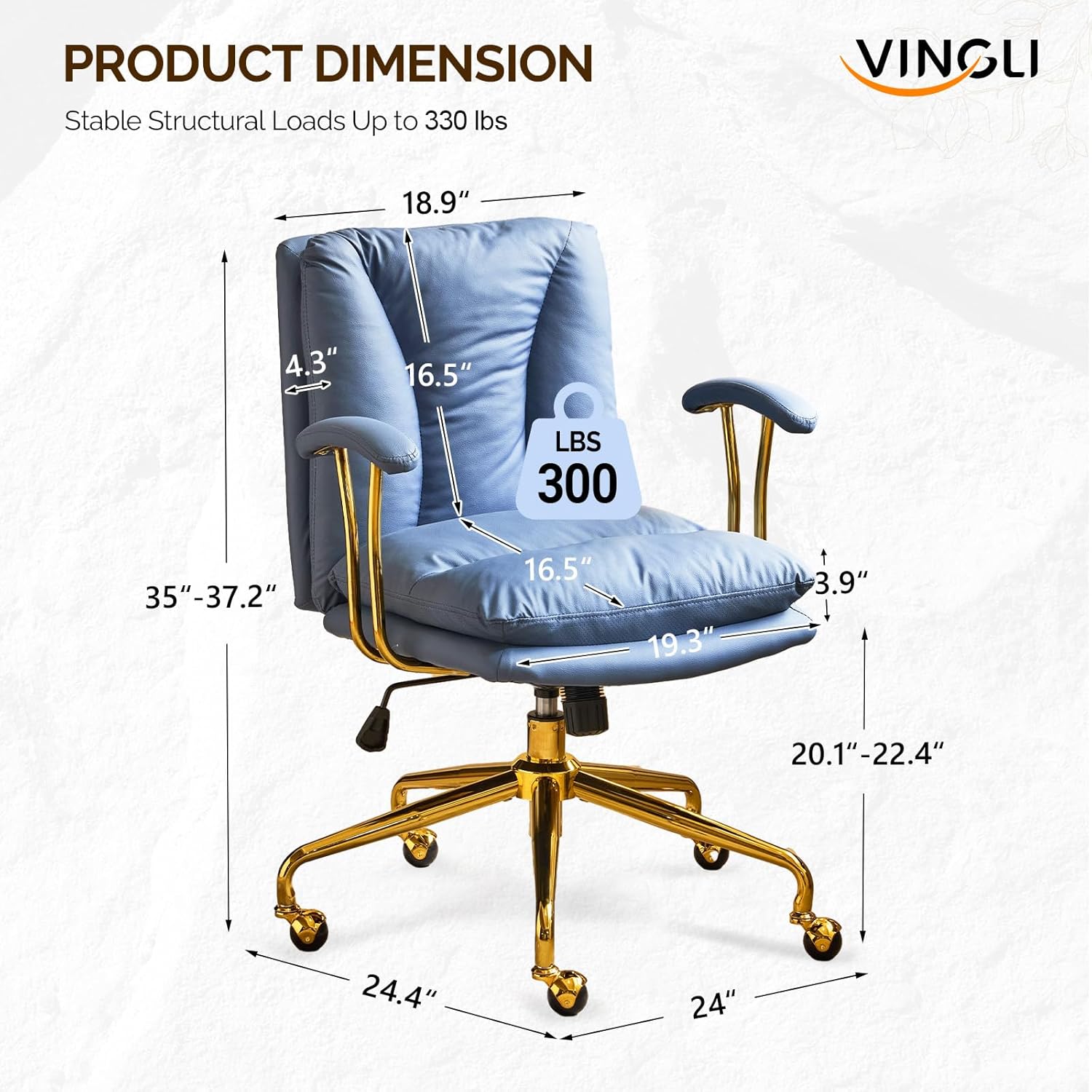 VINGLI Home Office Desk Chair Comfy with Wheels & Armrests,Gold Base Vanity Chair with Back,Adjustable Rolling Swivel Computer Task Chair for Study,Home Office,Cat Scratch PU,Navy Blue
