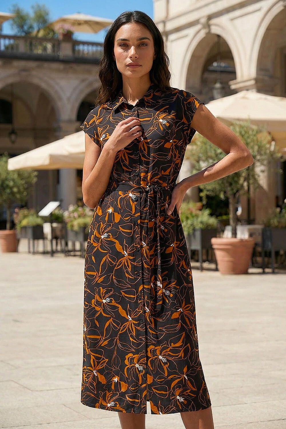 Roman Floral Belted Midi Shirt Dress