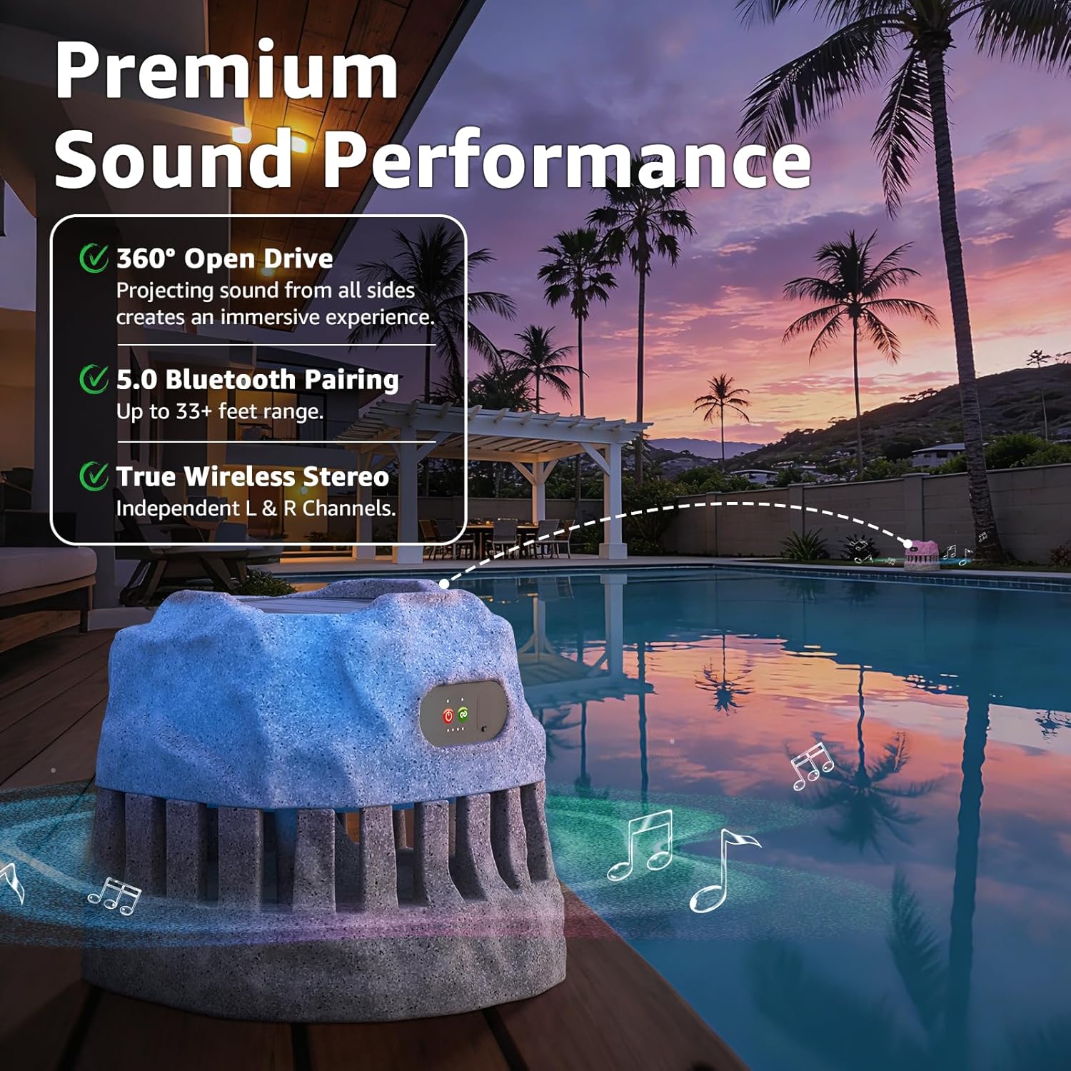 2-Pack Solar Powered Rock Speakers Waterproof Patio 2 in 1 Charging 360° Outdoor Rock Speaker with Lights RGB, IP44 for Pool Party Yard Outside Garden(Grey)