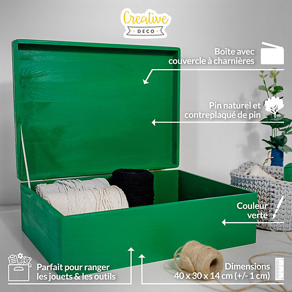 Creative Deco Boite de Rangement en Bois Vert 40 x 30 x 14 cm ( /- 1 cm) - Avec Couvercle - Boîte à Souvenirs - Boîte à Jouets