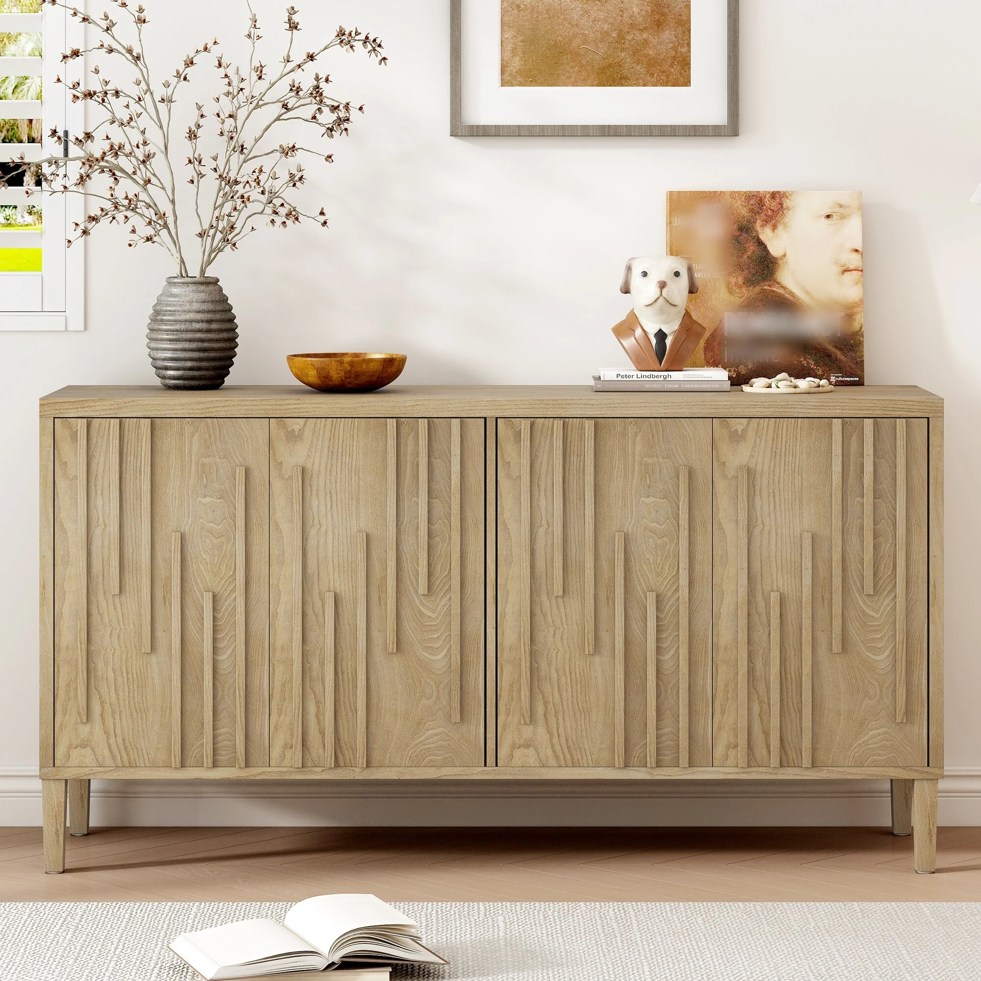 59.8 4-Door Sideboard,Hidden Handle,Distinctive Solid Ash Veneer Buffet with Storage, Farmhouse Sideboard TV Stand