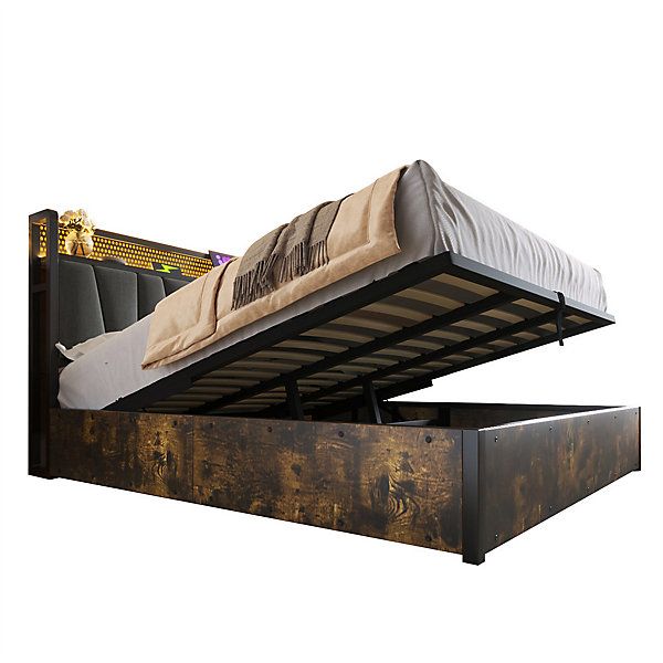 Lit adulte lit 160x200 cm lit sommier à lattes en bois lit éclairage led lit en métal lit double lin gris