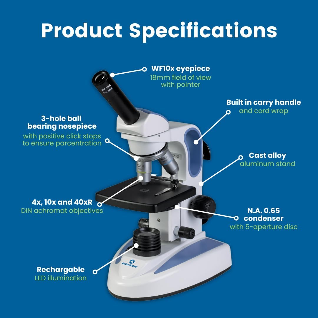 Accu-Scope Compound Microscope EXM-150 - Monocular Head  40-400X Magnification  Disc Diaphragm  Cordless LED Illumination - Student Proof Biological Microscope for School Laboratory & Home