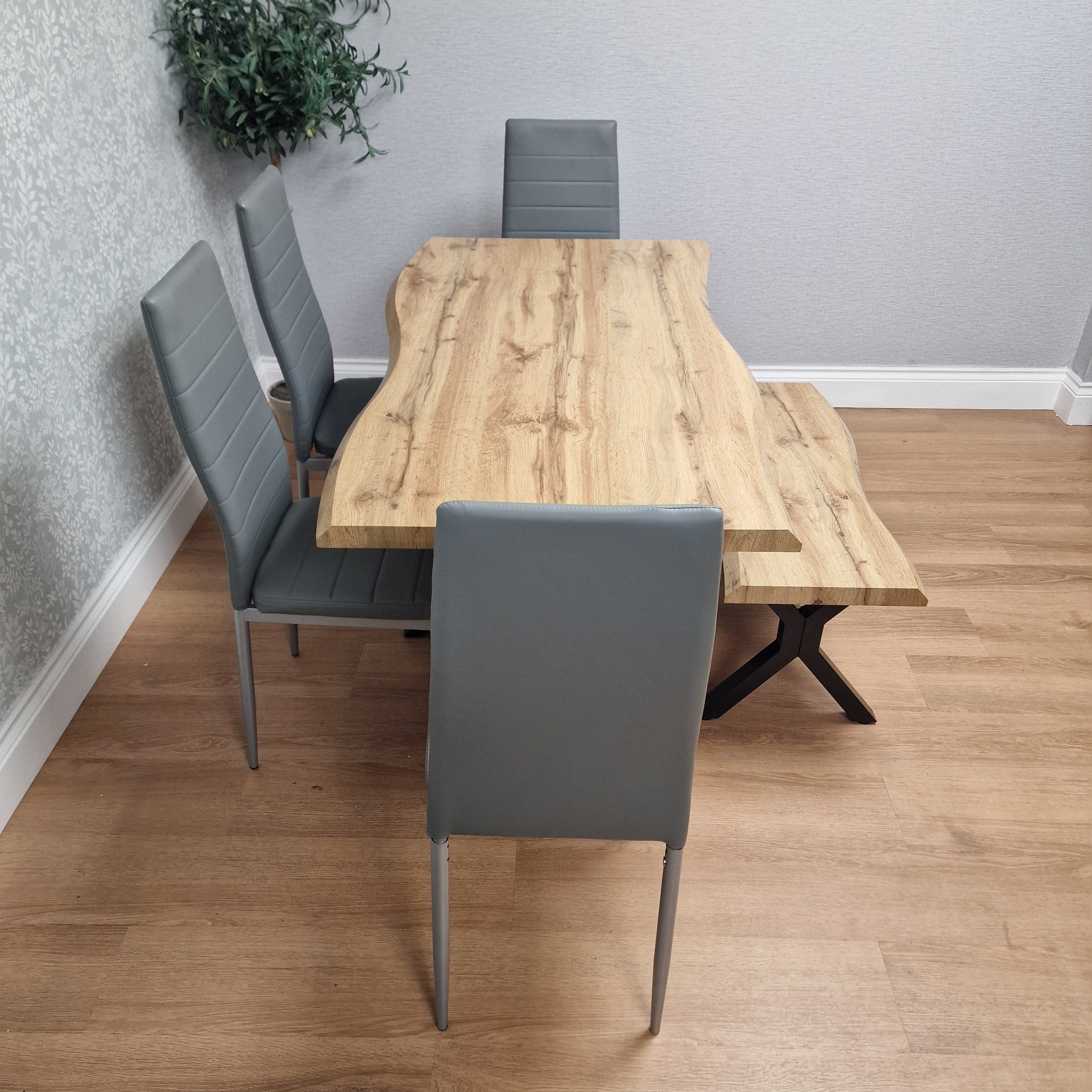KOSY KOALA Wooden Dining Table X-Shaped Legs with 4 Grey Leather Chairs and Bench - Dining Kitchen Room Furniture