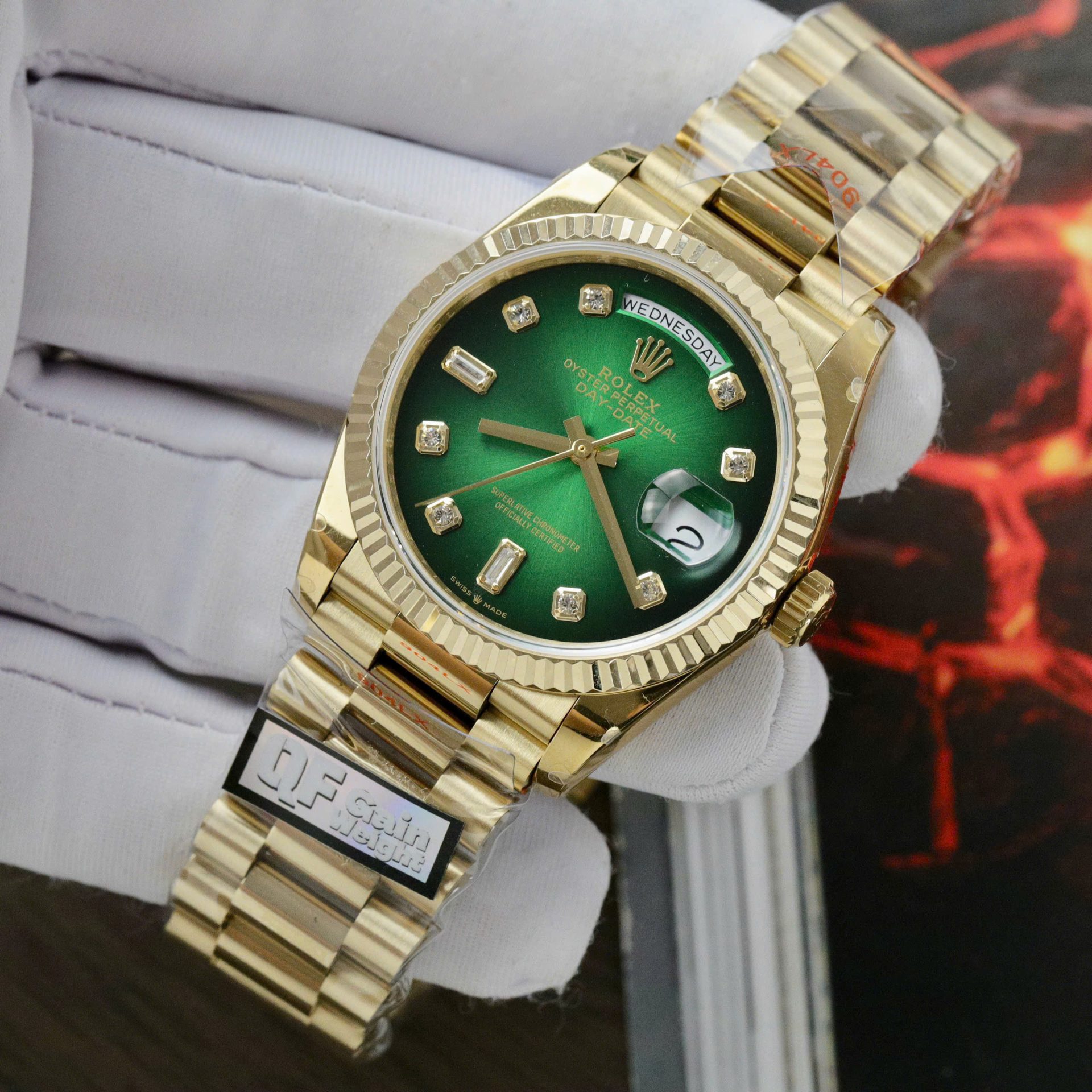 Rolex Day-Date 128238 YG Plated Ombre Green Dial CZ Diamonds 36mm Super Clone