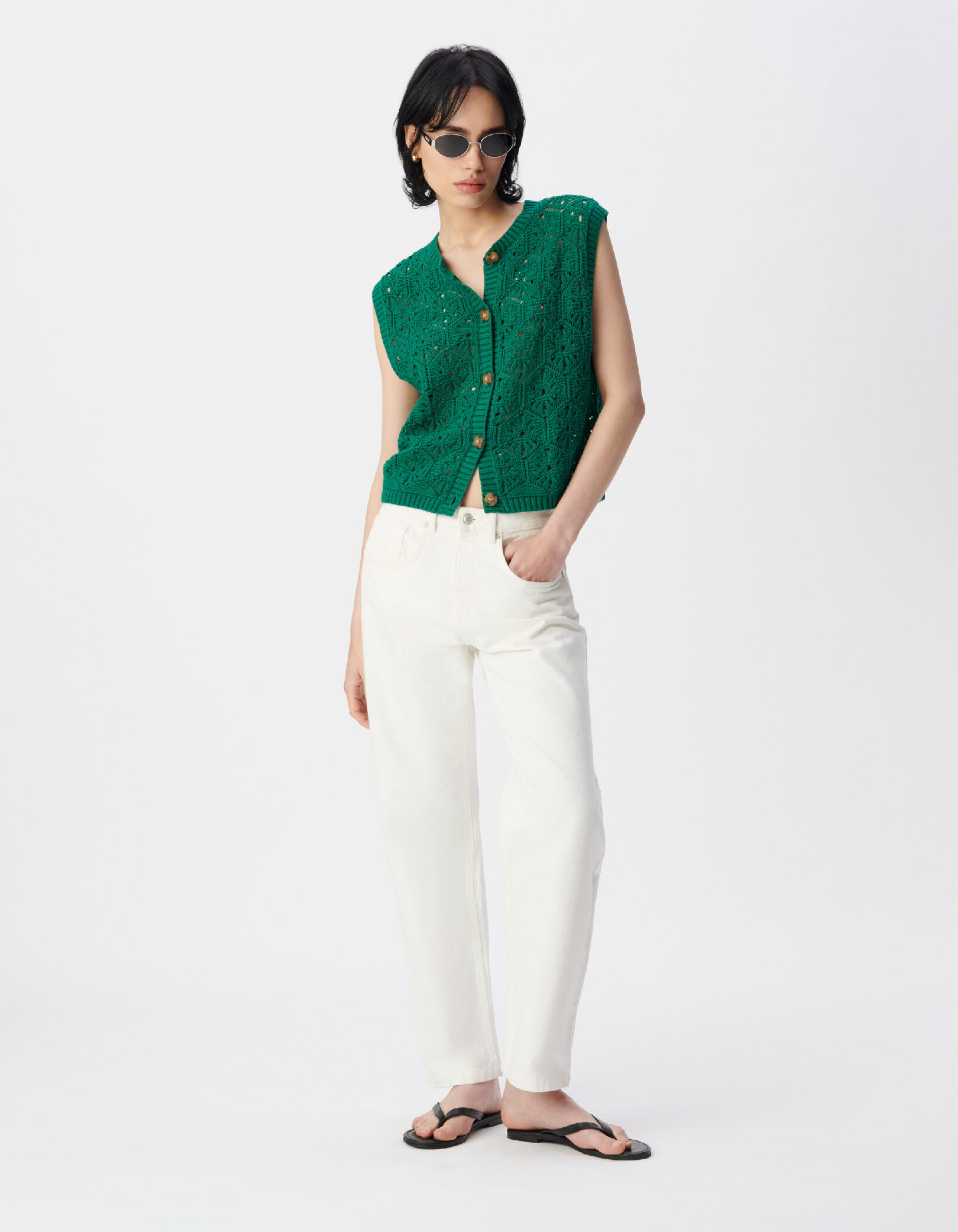 Cardigan sans manches vert tricot ajouré Femme