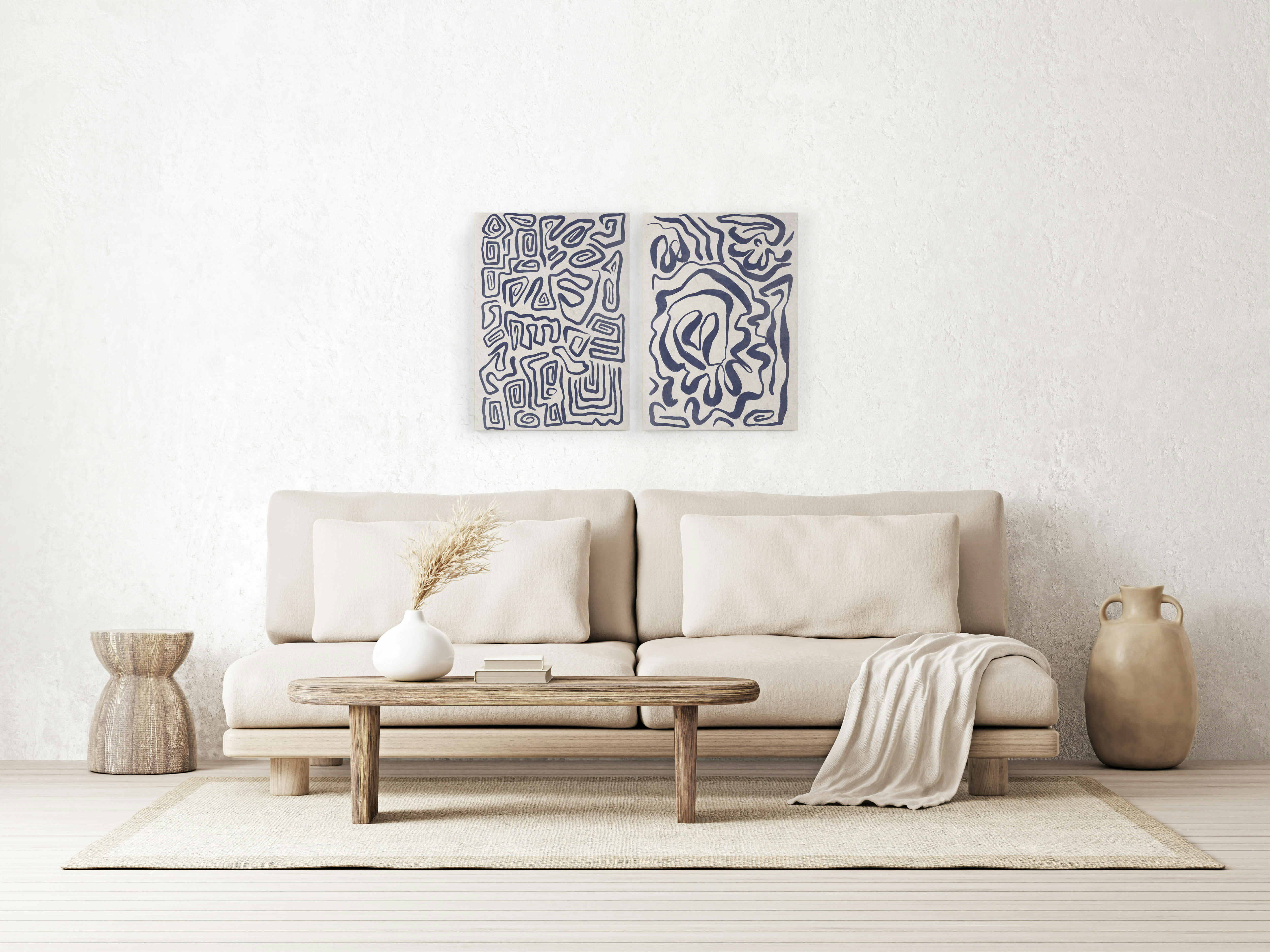 BLUE DRAWS - Set 2 Peintures sur toile 60x40 imprimées traits bleus