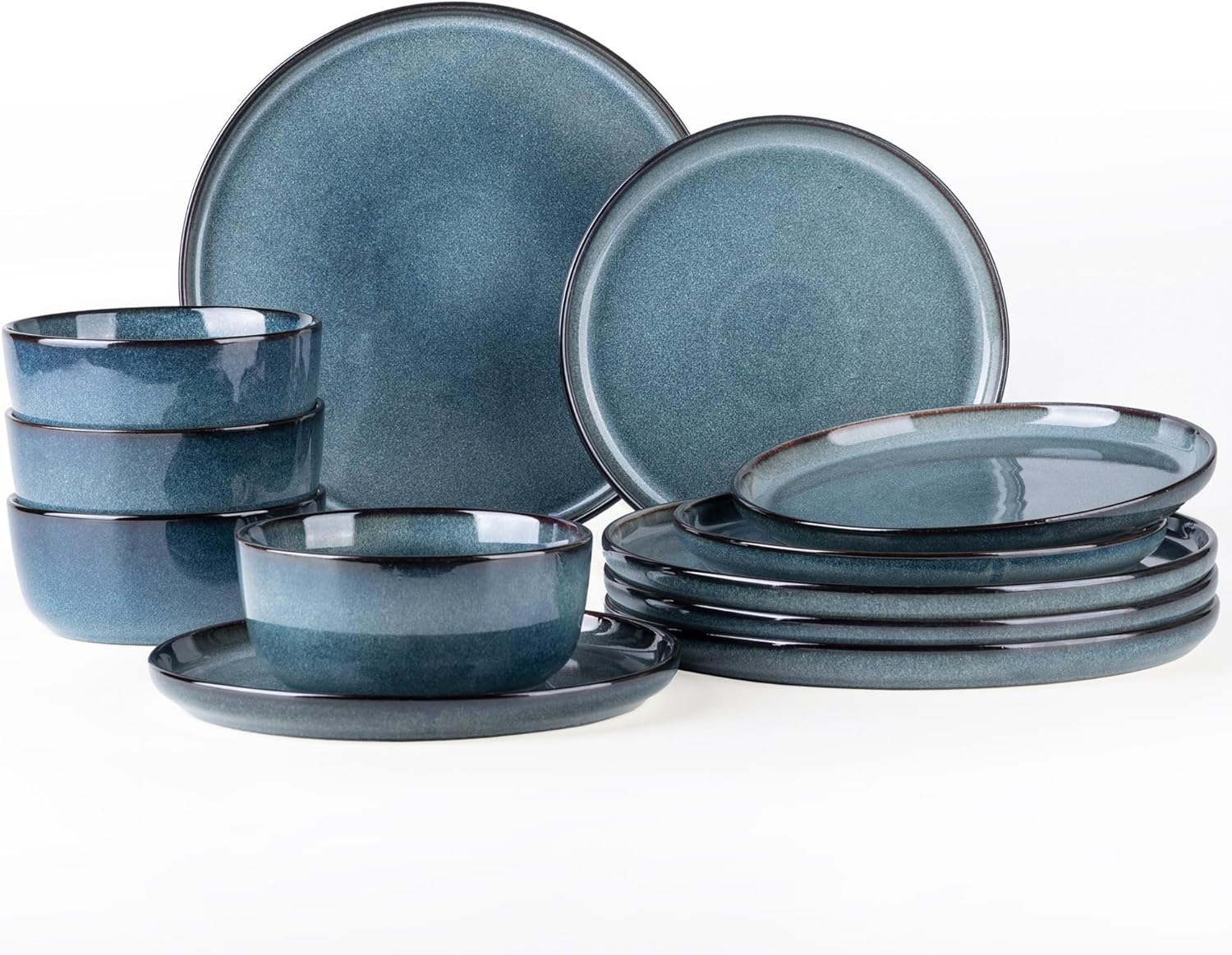 GBHOME Dinnerware Sets for 4, 12 Pieces Stoneware Plates and Bowls Sets, Scratch Resistant Ceramic Dishes, Dishwasher & Microwave Safe, Reactive Glaze-Blue Horizon