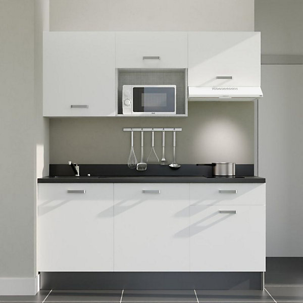 Kitchenette K30 - 180 cm - façades Blanc - Plan monobloc en quartz coloris Nero évier à gauche - Electroménager Blanc