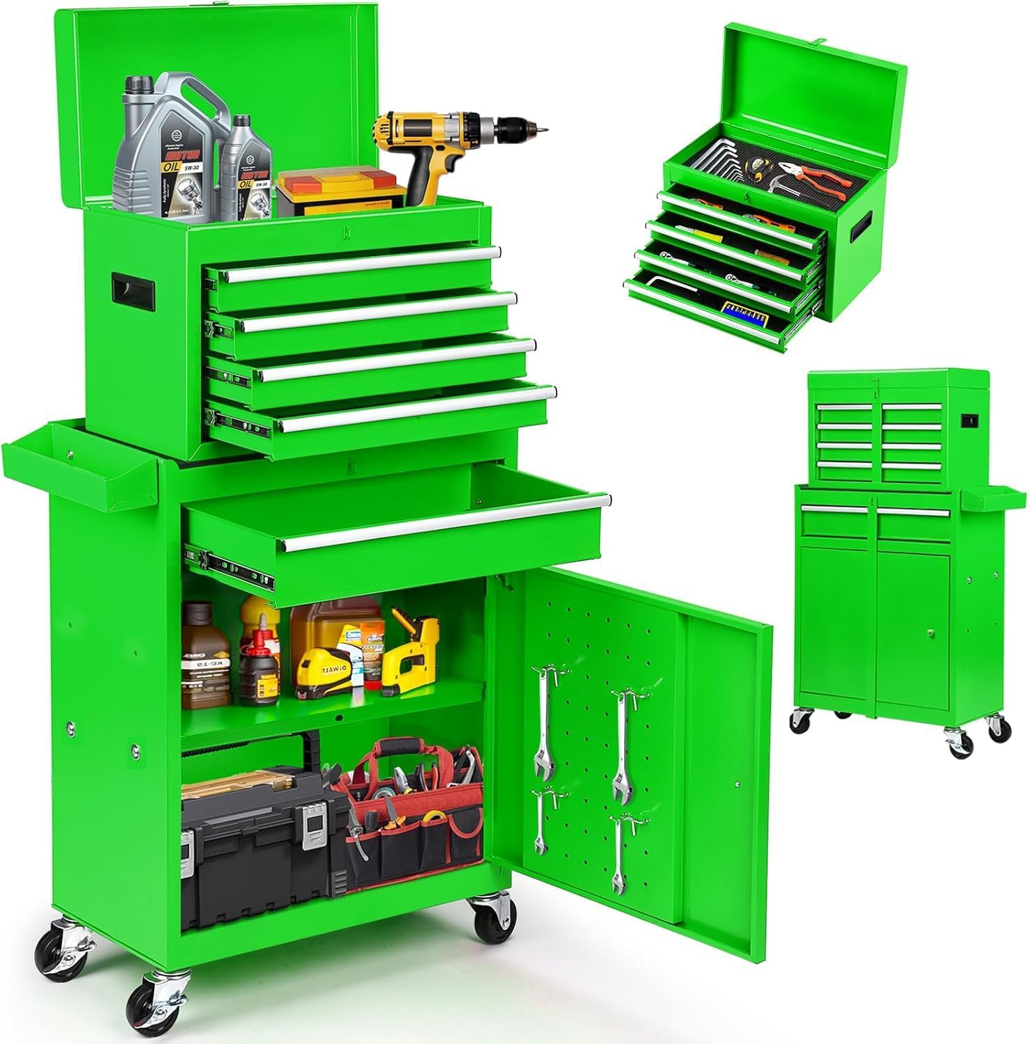 Dawmilon 5-Drawer Rolling Tool Chest, Detachable Top Tool Box, Lockable Metal Tool Cabinet with Wheels, Adjustable Shelf and Liner for Garage Workshop Storage, Green