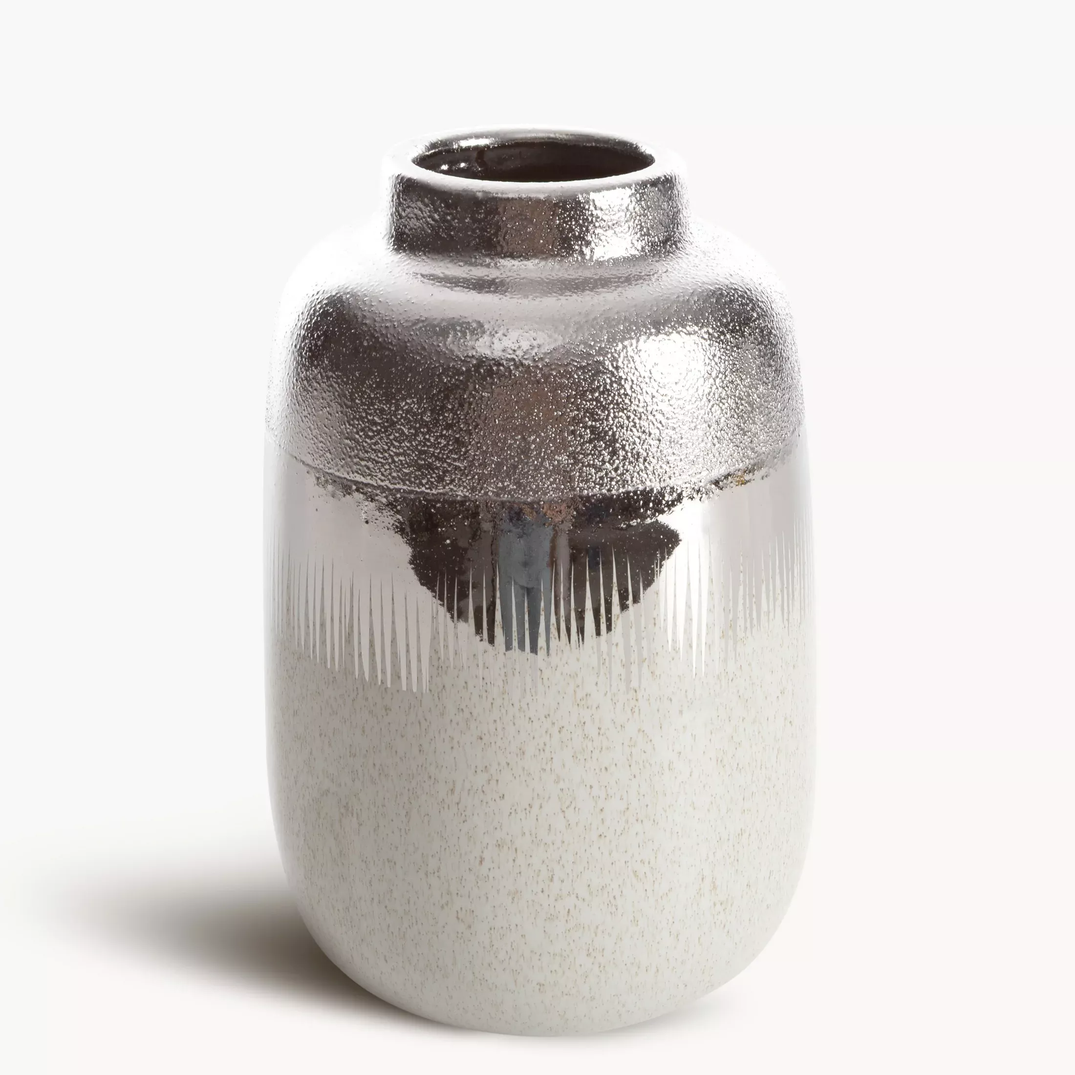 Wazon ceramiczny kremowo-srebrny łączący fakturę granitu z lśniącą powierzchnią 14x14x21 cm MAX 2