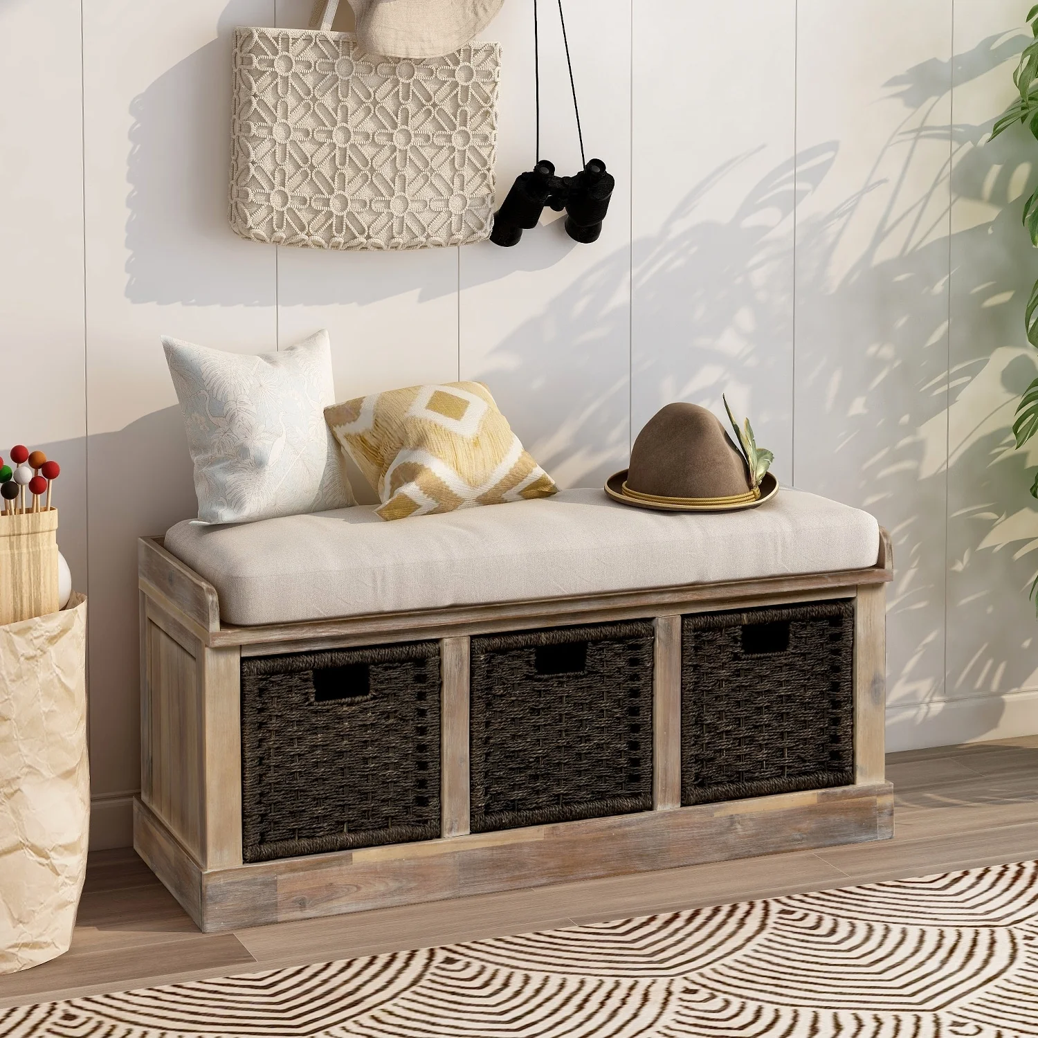 Entryway Bench with 3 Removable Rattan Baskets