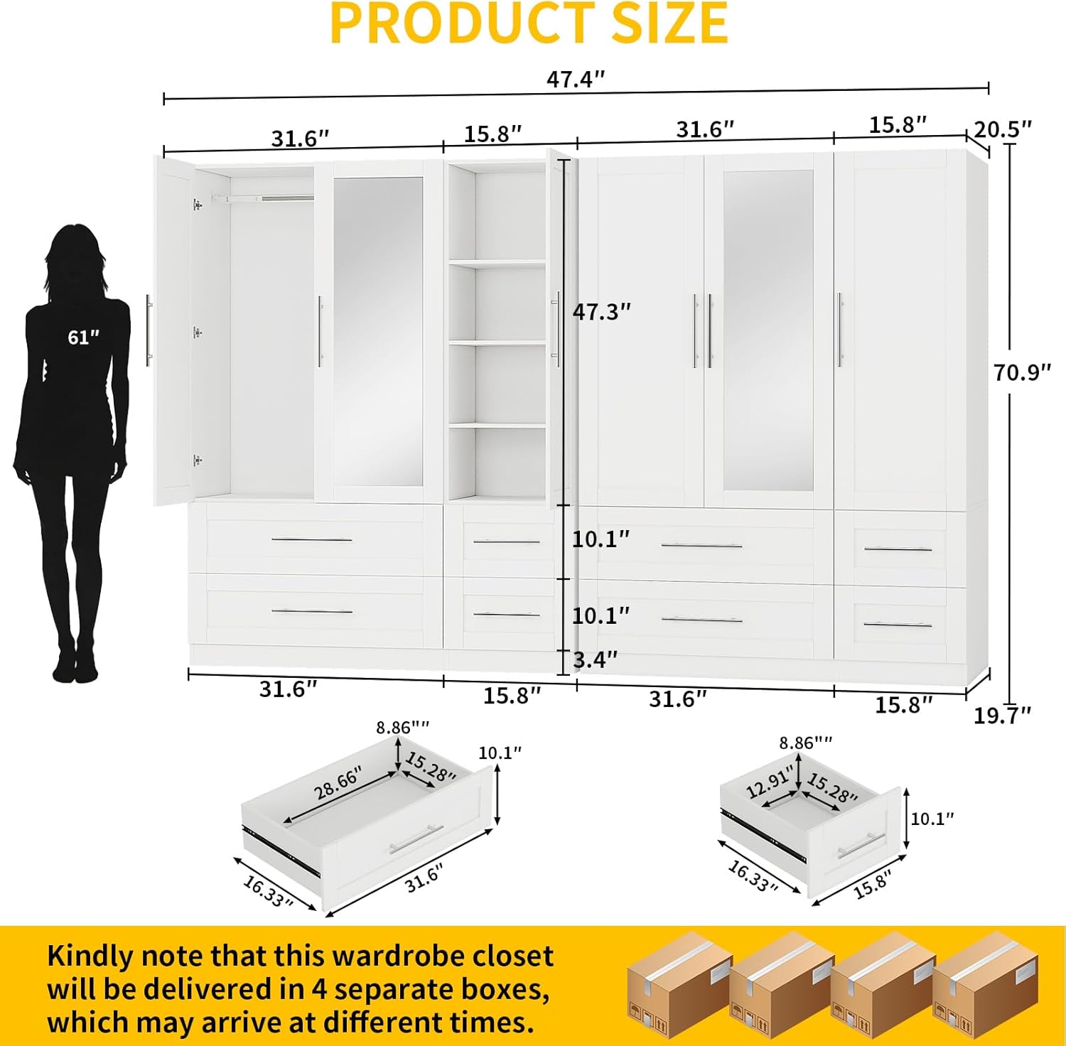 Armoire Wardrobe Closet with 8 Deep Drawers, Wooden Wardrobe Closet with Doors and Shelves, 71 Tall Large Wardrobe Bedroom Armoires with Center Mirror & Hanging Rod, Set of 2, White
