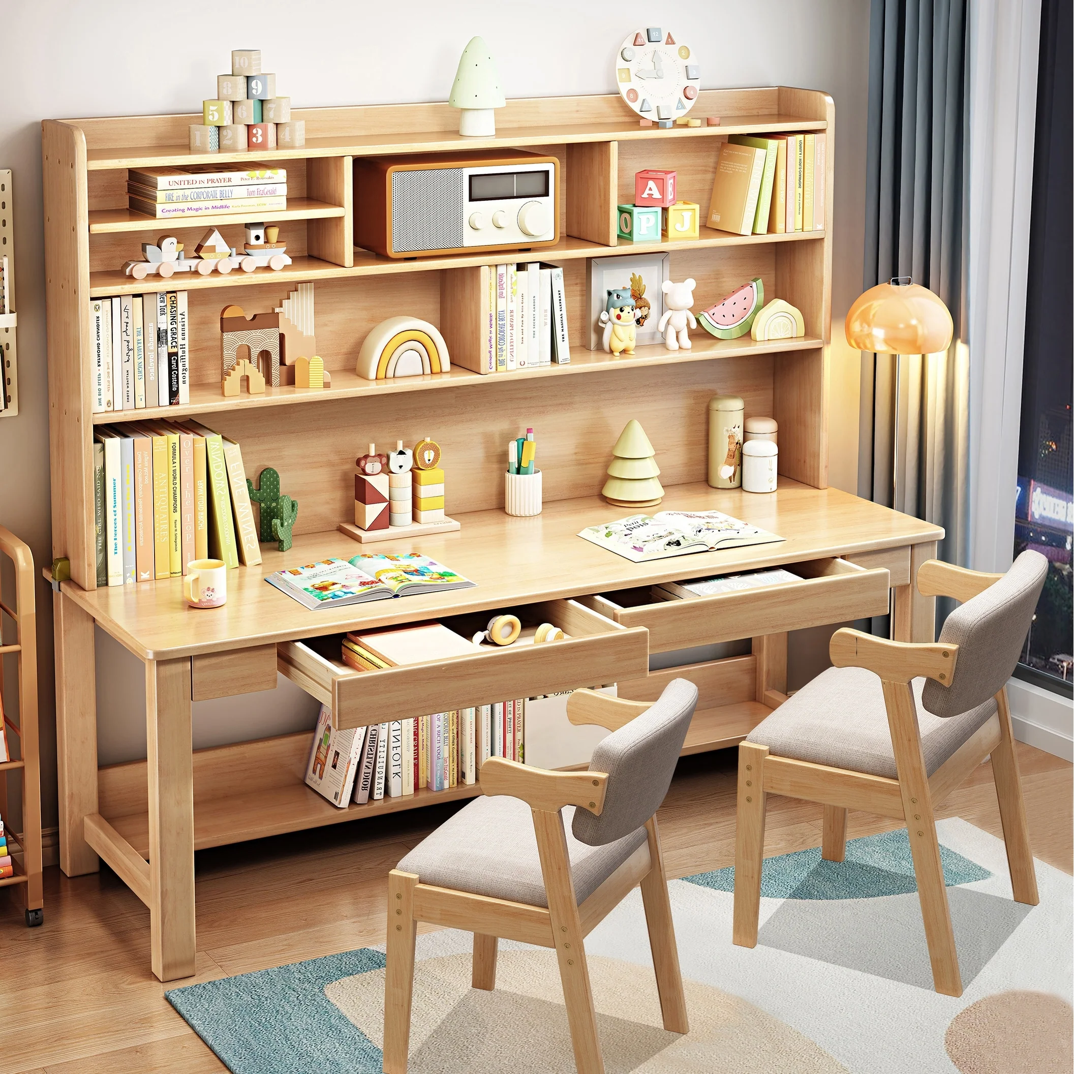 Kids Desk and Chair Set, Kids Study Desk, Writing Desk with Hutch - 63 inch