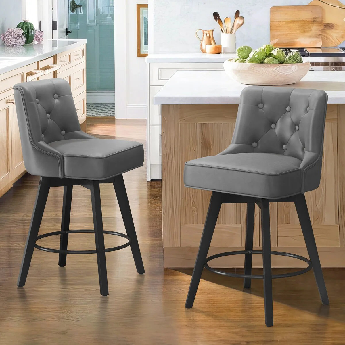 26 in. Counter Height Stool Modern Upholstered Swivel Set of 2 Bar Stools with Back