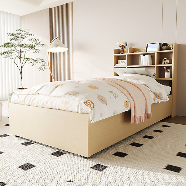 Lit en bois 90 par 200 cm lit hydraulique tête avec rangement ports USB et type C lit simple couleur bois sans matelas