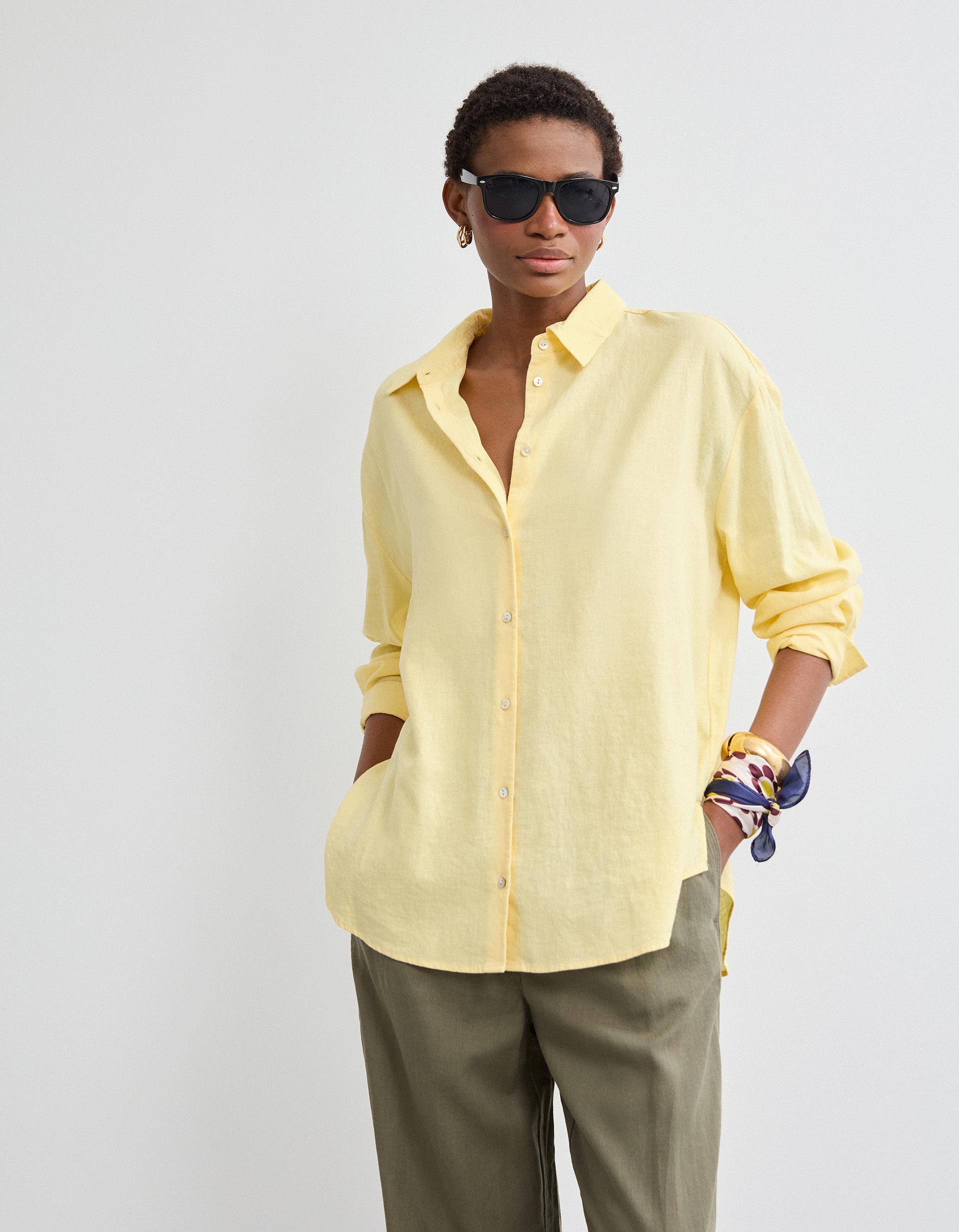 Camisa com Linho, Mulher, Amarelo Claro