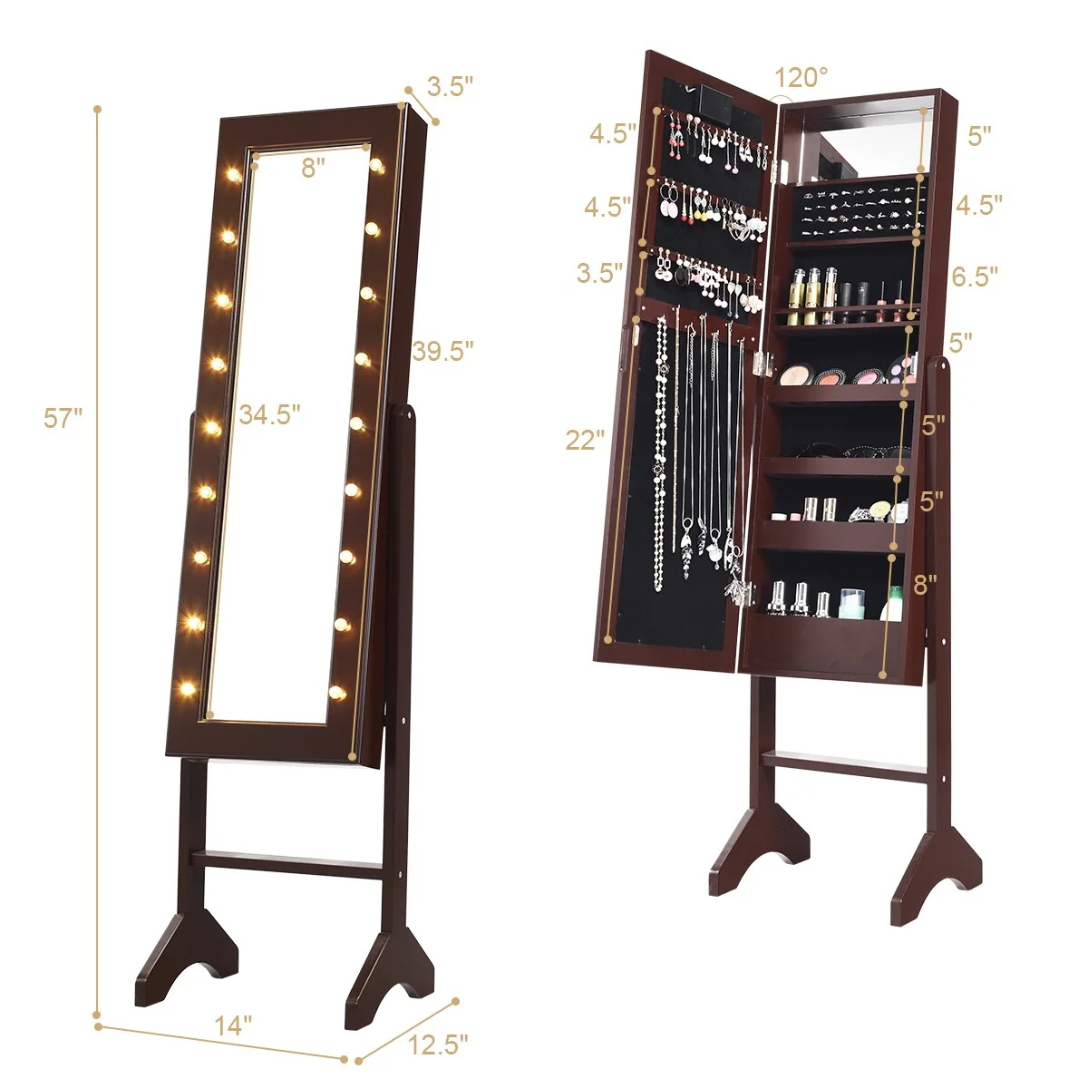 Costway Mirrored Jewelry Cabinet Organizer 18 LED lights Brown