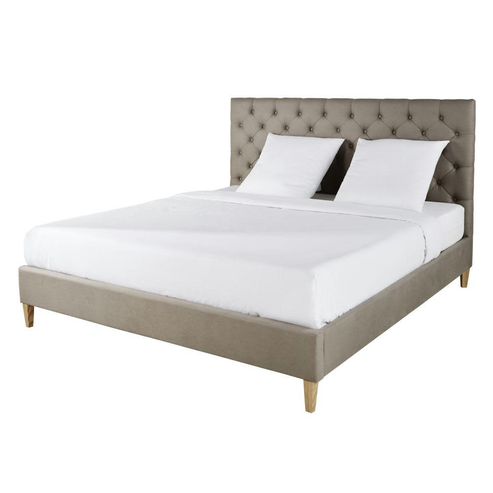 Chesterfield - Lit capitonné en lin avec sommier à lattes taupe 140x190