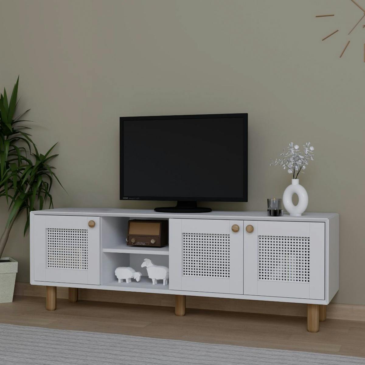 Meuble TV blanc avec cannage, 3 portes VAREN