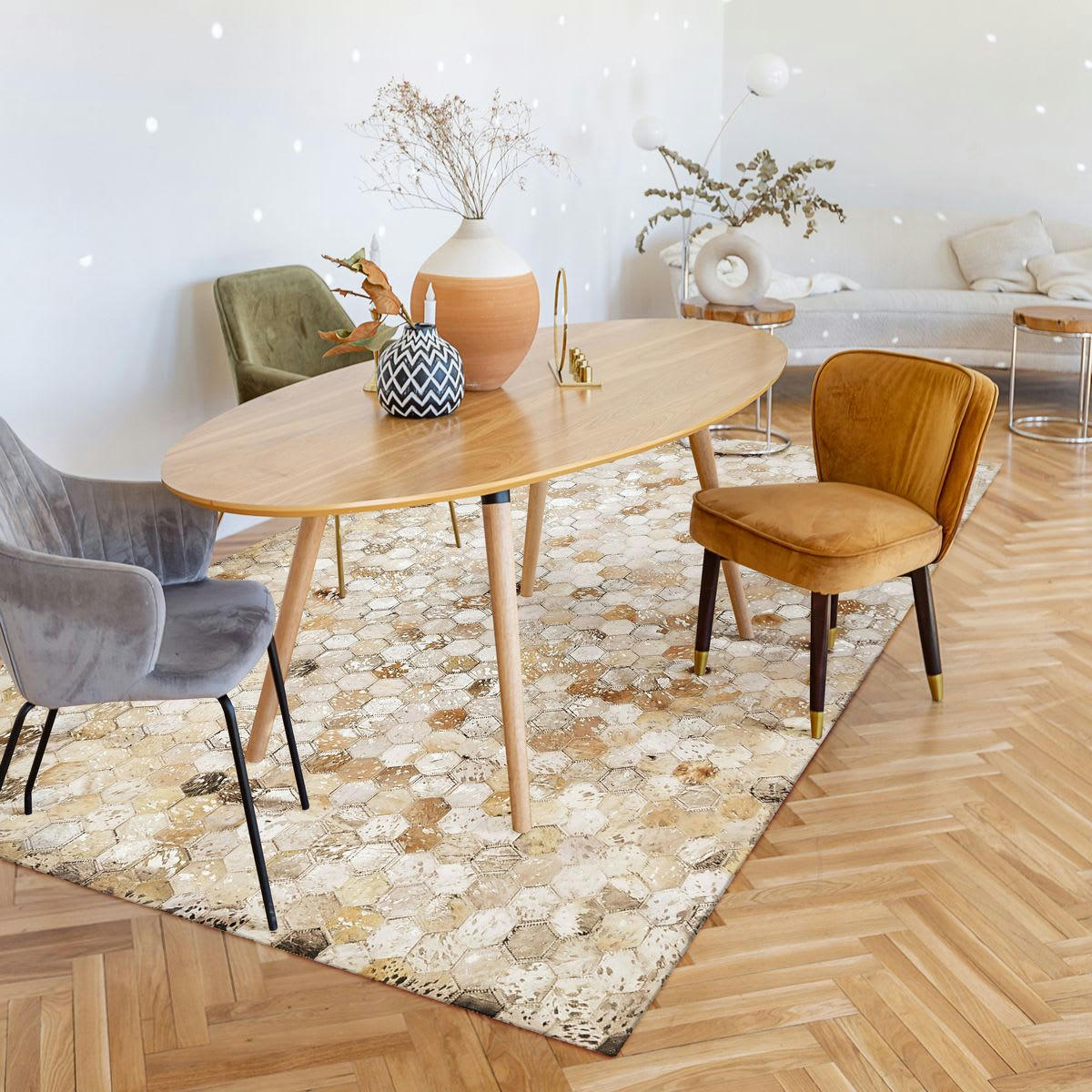 CUIR - Tapis recyclé cuir motifs hexagone argent 120x170