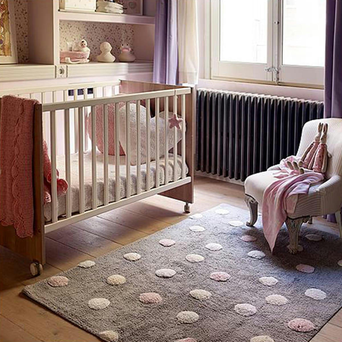 POIS - Tapis coton motif pois 3 couleurs gris-rose 120x160