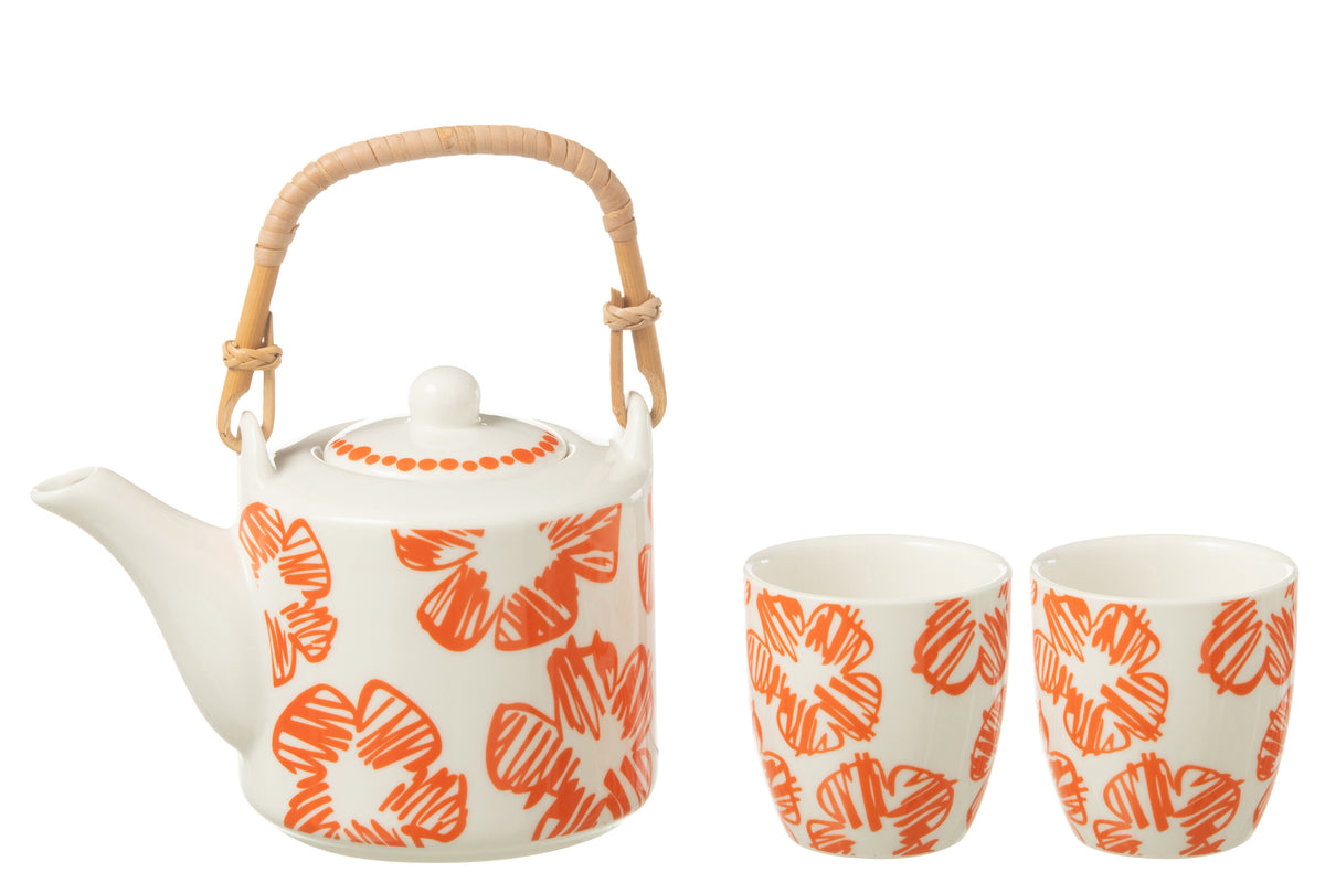 J-Line theepot Bloemen - keramiek - oranje - doos van 3 stuks