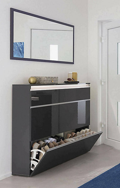 Etagere à chaussures Piero, Armoire polyvalente avec 2 portes et 1 porte abattante, 120x27h108 cm, Anthracite Brillant