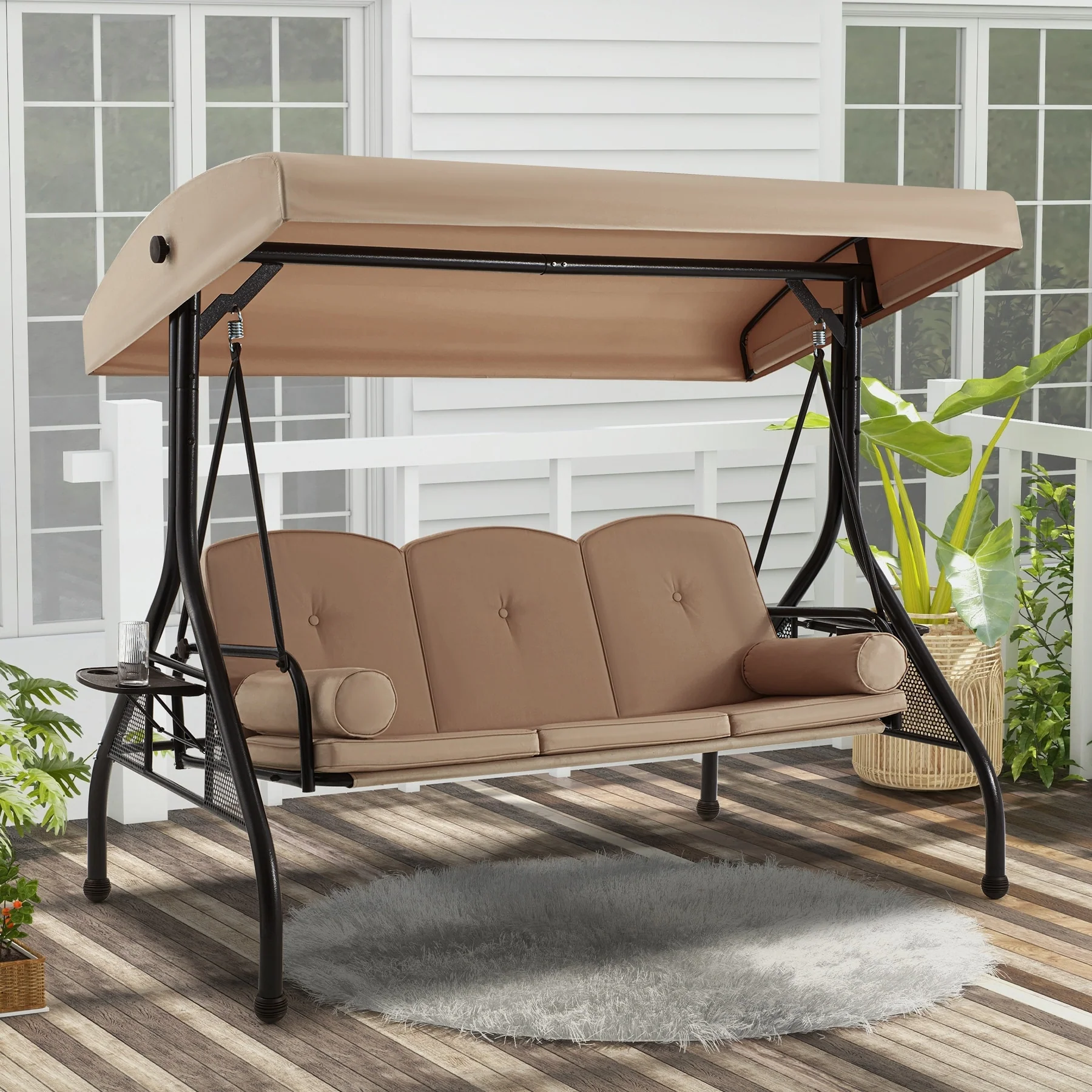 Outdoor Patio Swing Chair for 3 People, with Removable Cushion and Convertible Canopy