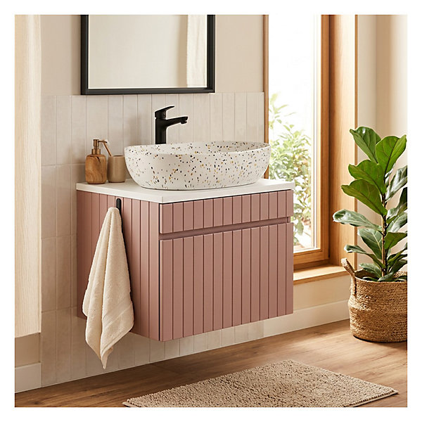 Ensemble de salle de bain ICON : meuble sous vasque 60cm rose poudré et plan pour vasque blanc