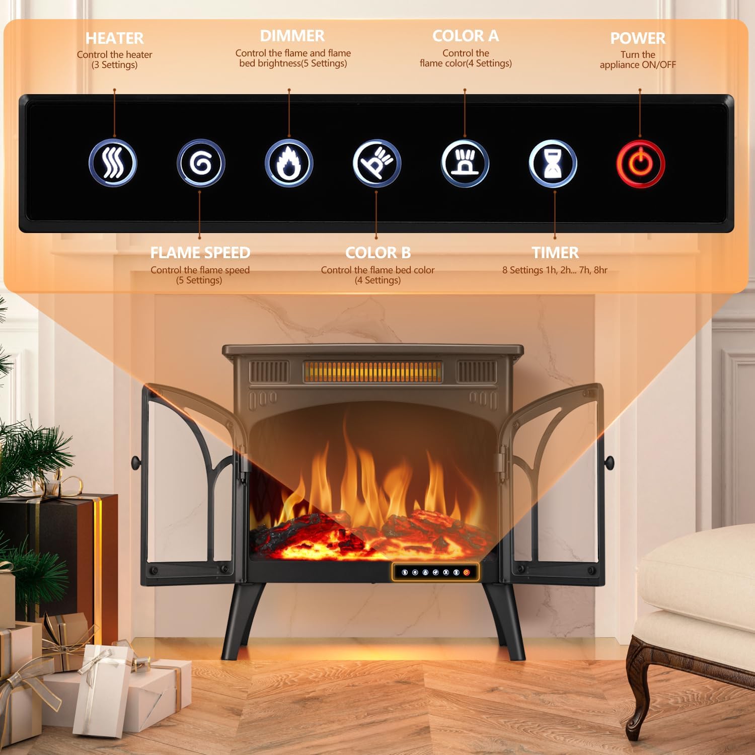 R.W.FLAME Electric Fireplace Heater 25 with Remote Control, Cathedral Stylish, Different Flame Effects and Log Set Colors, Adjustable Brightness and Heating Mode, Overheating Safe Design