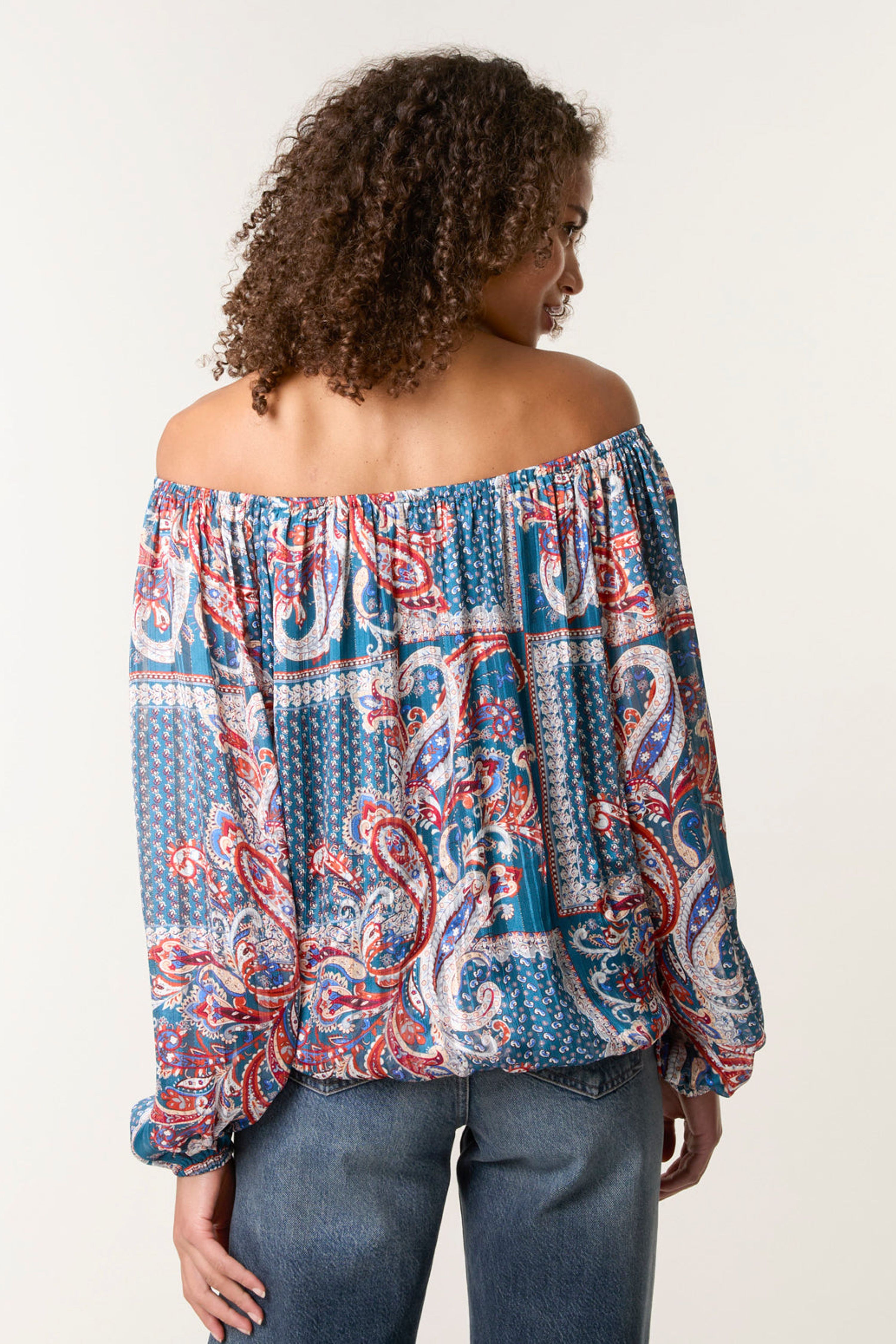 Blue Vanilla Teal Paisley Printed Bardot Puff Ball Blouse