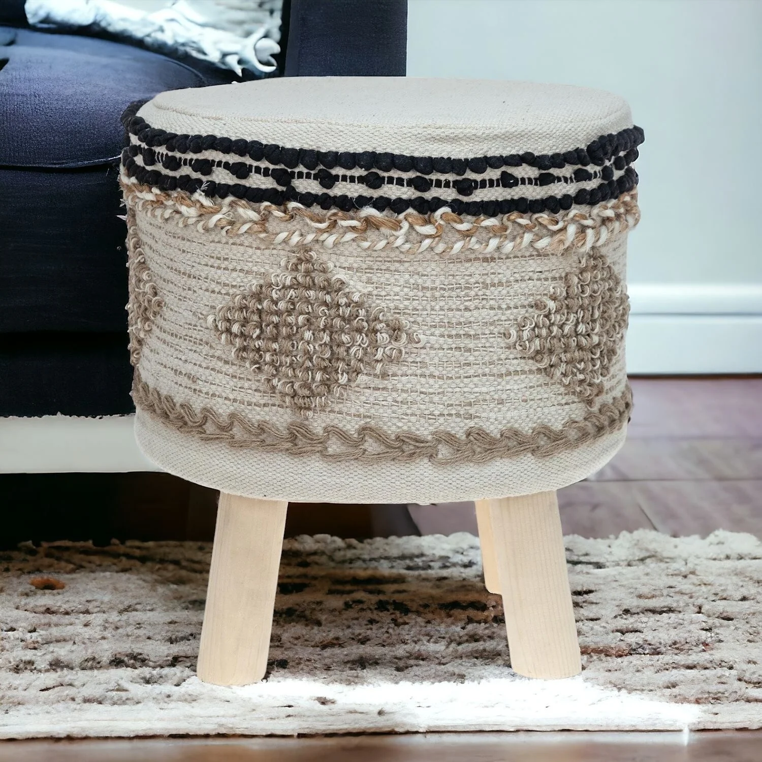 Beige Jute and Brown Round Ottoman Pouf for Living Room or Bedroom
