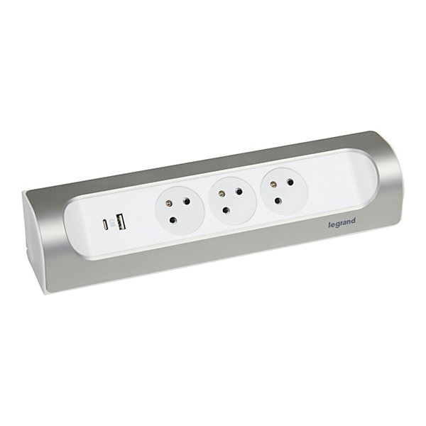 Multiprise 3 prises   1 x USB-A   1 x USB-C Legrand blanc et aluminium