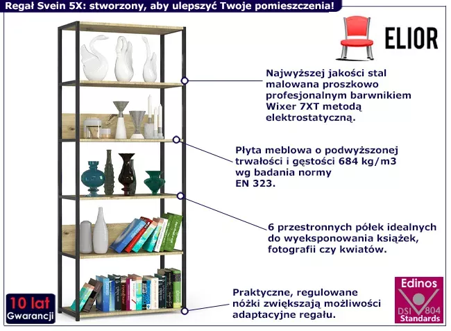 Industrialny czarny regał z 6 półkami czarny   dąb artisan - Orax