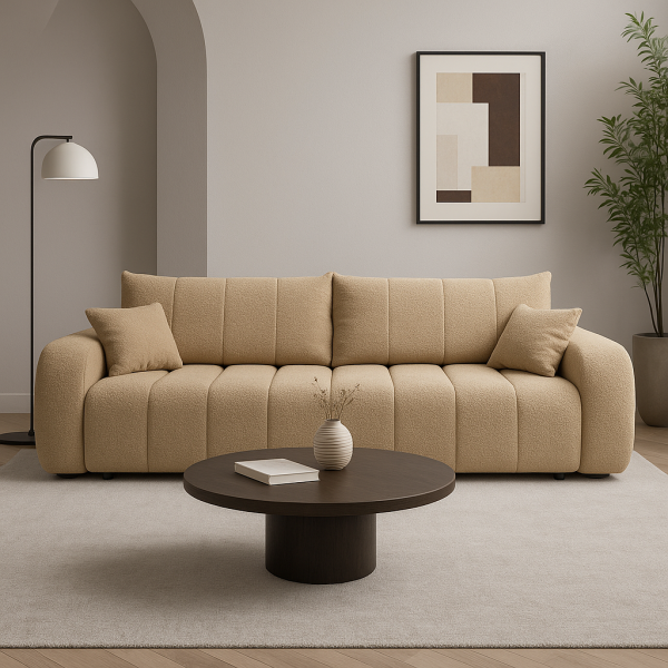 Sofa rozkładana ALOO obita tkaniną boucle z ozdobnymi poduszkami, beżowa