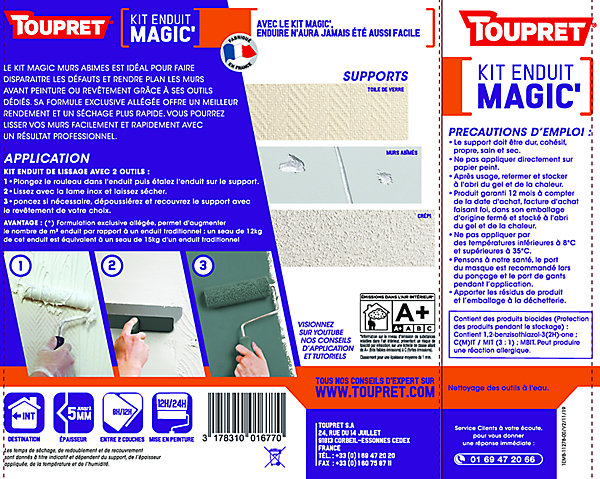 Kit enduit magic' de lissage pour murs dégradés Toupret 12kg