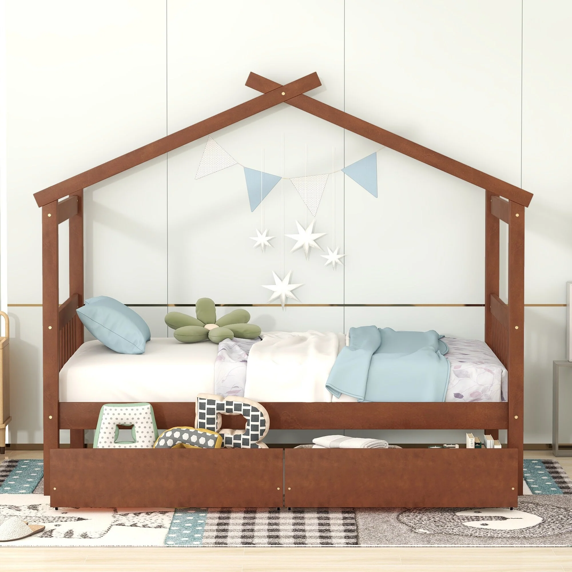 Twin Size Wooden House Bed with Storage Drawers, Fun Kids Bed with Roof Design