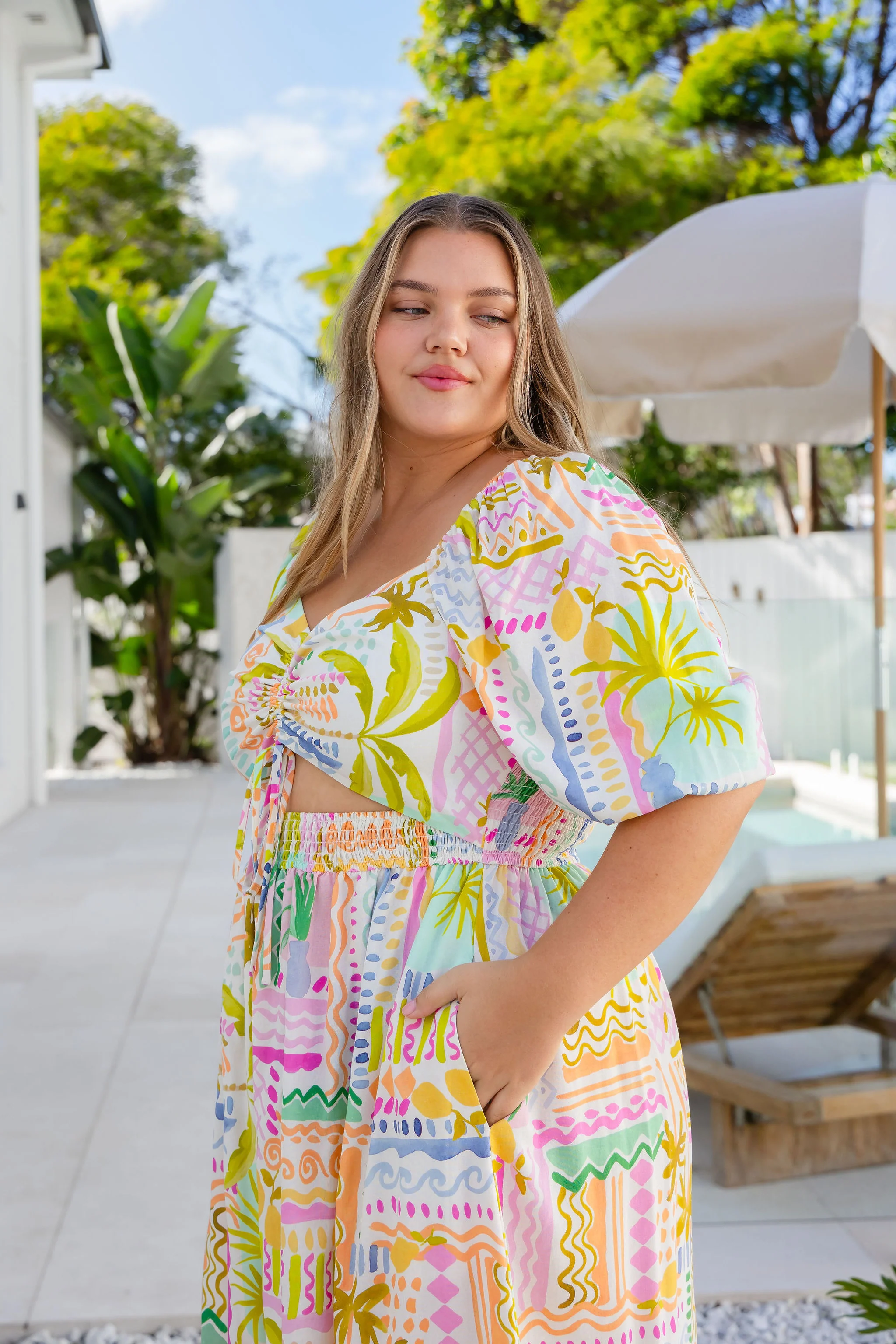 Pippa Linen Blend Cut Out Dress in Palma